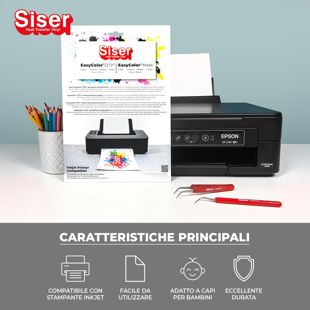 Siser Easy Color DTV pack 5+5, Vinile Termotrasferibile Termoadesivo Stampabile con Stampanti a Getto d'Inchiostro. 5 Fogli Formato A4 di Easy color e 5 Fogli Formato A4 di Application Tape