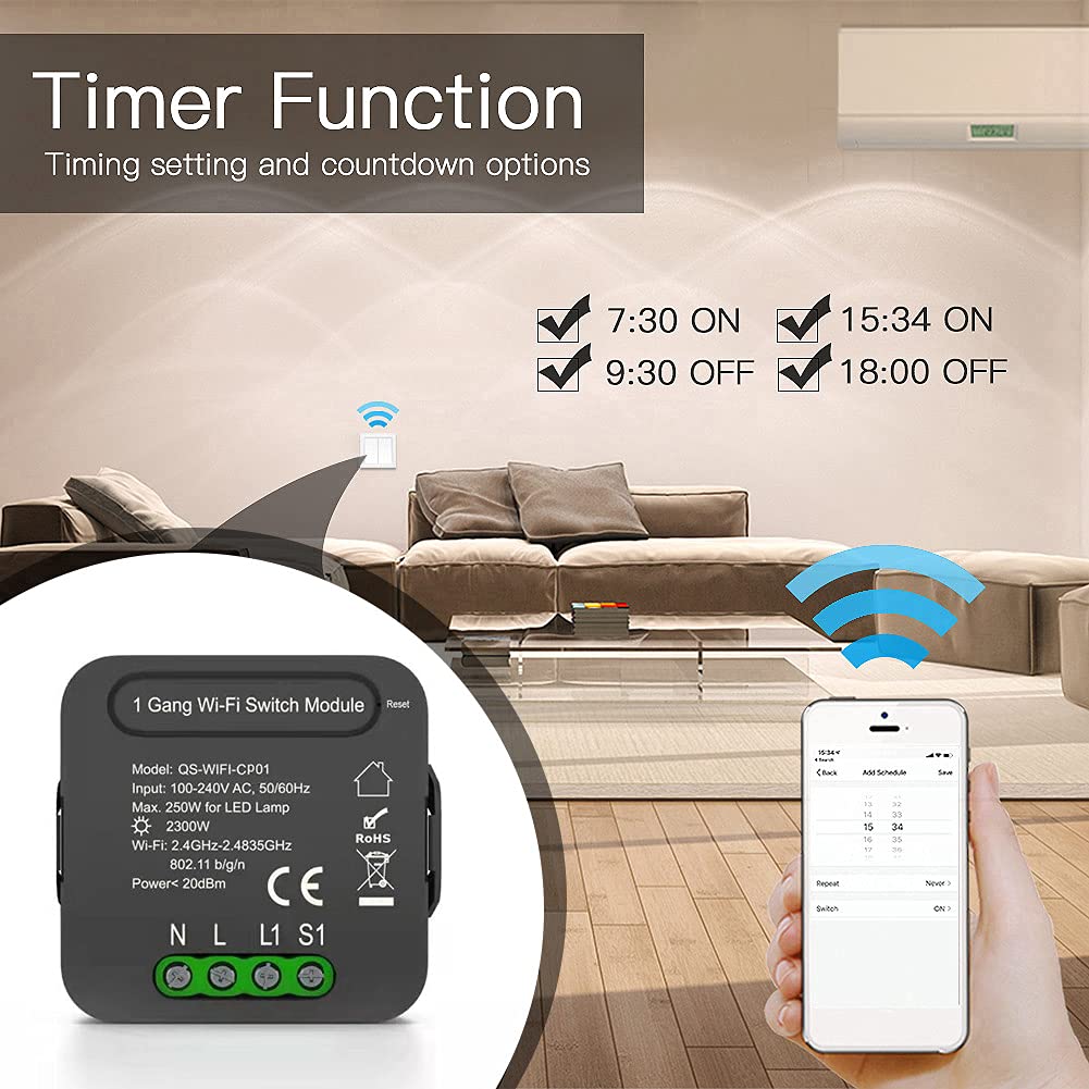 QS-WIFI-CP01 Tuya WiFi ligent Switch Module ligent me Switch Conversion Module 1 Gang Switch Module Device Sharing Timing Function Mobilepne APP Remotes Control Compatible with Al |