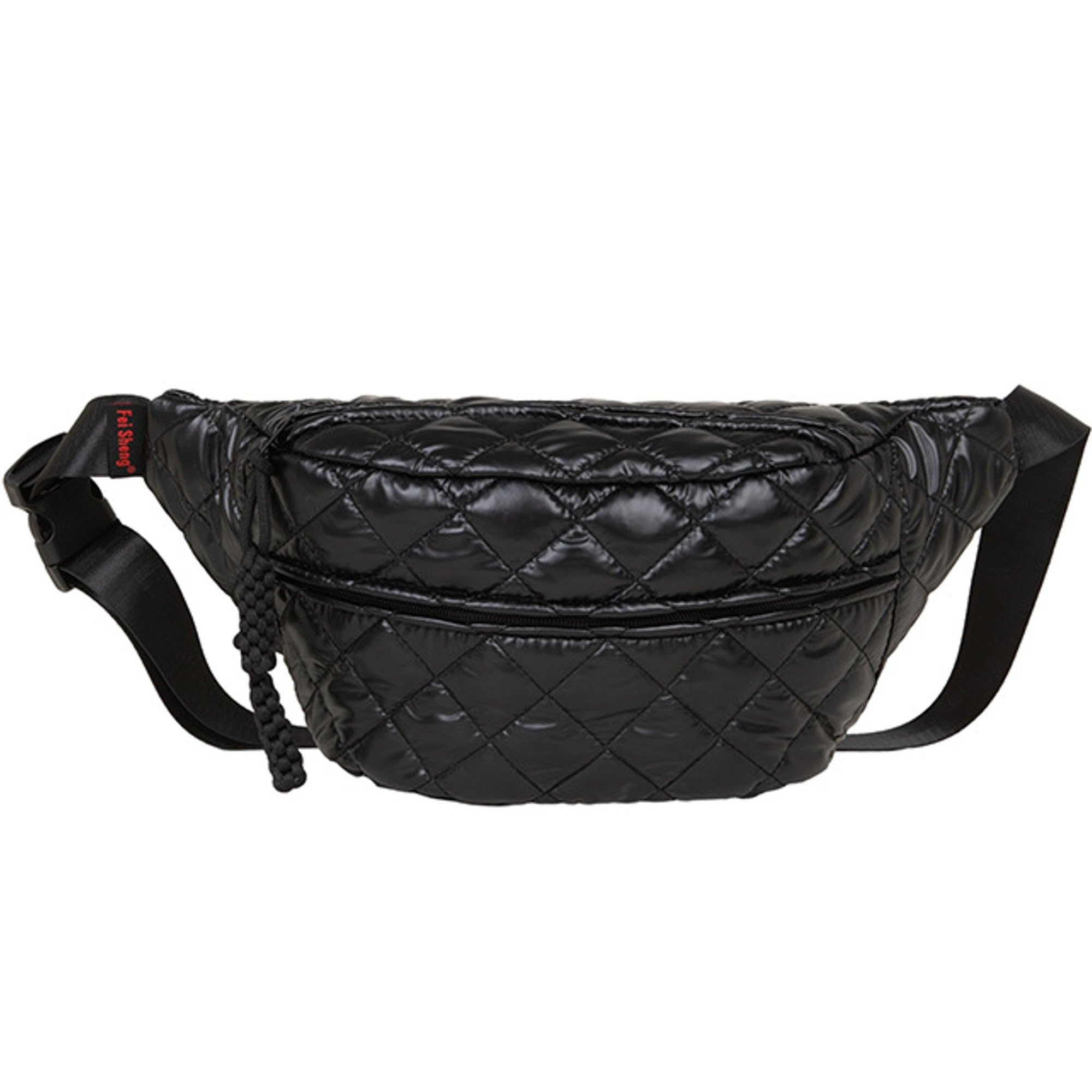 TWO KAT Metalic Quilted Chest Fanny Pack Crossbody Bag with Multi Pockets & Adjustable Strap, Fashionable Men Women Sling Backpack, Casual Waist Belt bag (Black)