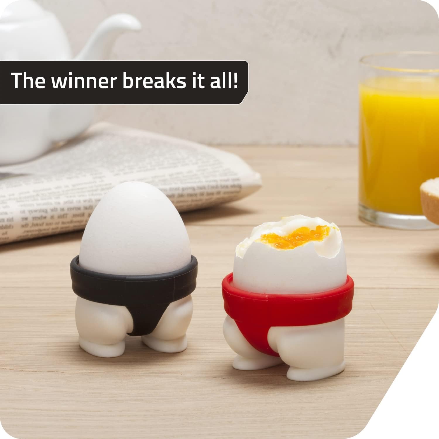 we3 Funny Design Sumo Egg Cup Set Red and Black 2-Piece for Hard or Soft Boiled Eggs 3