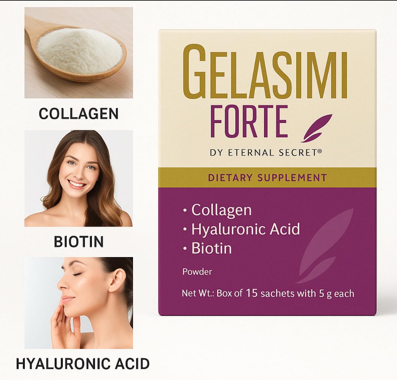 GELASIMI Forte Collagen Powder Supplement with Hyaluronic Acid & Biotin – 15 Sachets (5g Each) – by Eternal Secret