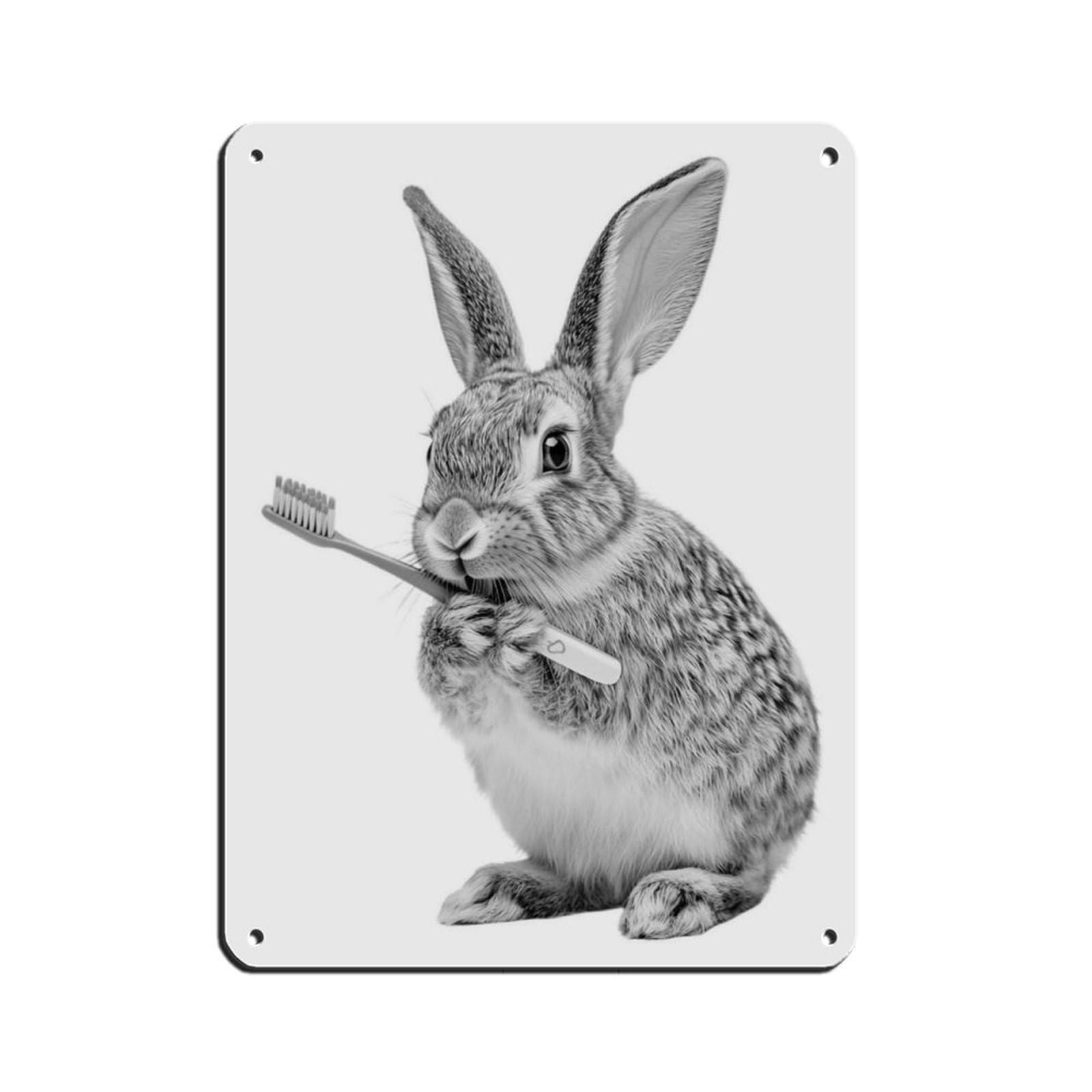 Bunny Rabbit Bathroom Art Brushing Teeth Tin Sign Vintage Metal Pub Club Cafe Bar Home Wall Art Decoration Poster Retro 12x16inch(30x40cm)