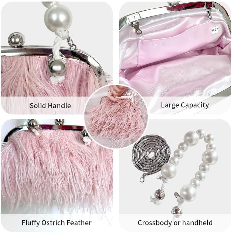 Ostrich Feather Evening Bags Fluffy Clutches for Women, Vintage Pearl Purse Tote Bag for Bridal, Banquet, Party Pink - Image 6