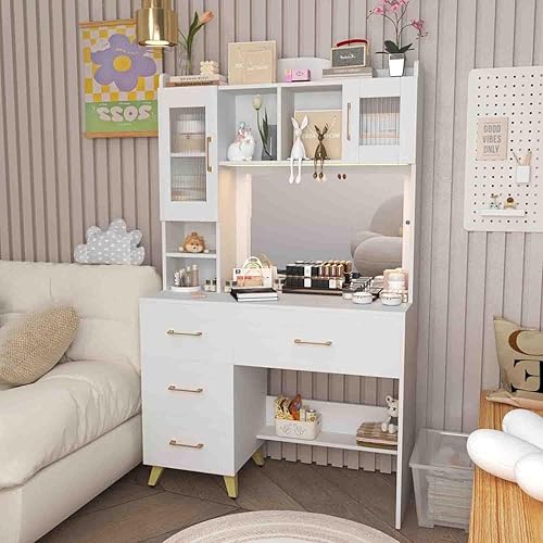 BJYXO Escritorio de tocador con espejo grande iluminado, mesa de maquillaje grande, muchos cajones y con estantes de puerta, escritorio de disponible en Yaxa Costa Rica