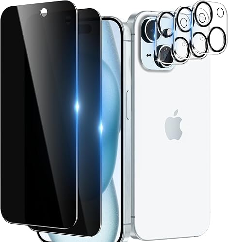 Paquete de 2 + 3 protectores de pantalla de privacidad para iPhone 15 con protector de lente de cámara, antiarañazos, sin burbujas, fácil de