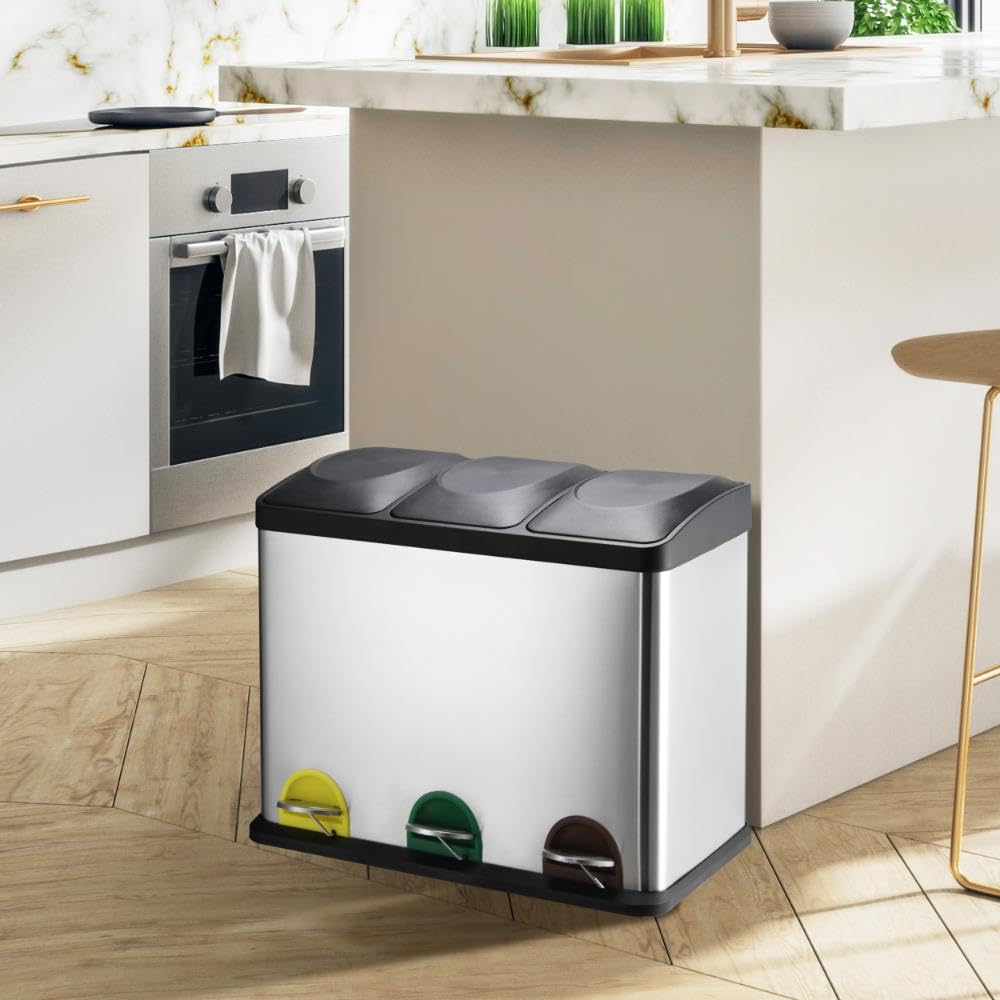 MSV Mülleimer Mülltrennsystem 60 L (3x20 Liter) mit Inneneimer große Abfallbehälter Abfalleimer Treteimer Edelstahl