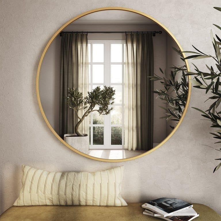 A. R. CREATIVES Stylish Vanity Round Bathroom Mirror, Modern Wall Mirror in Gold Metal Frame, Decorative Wall-Mounted Mirror, Home Decor Mirrors for Bathroom, Living Rooms, Entryways (Gold, 12X12)