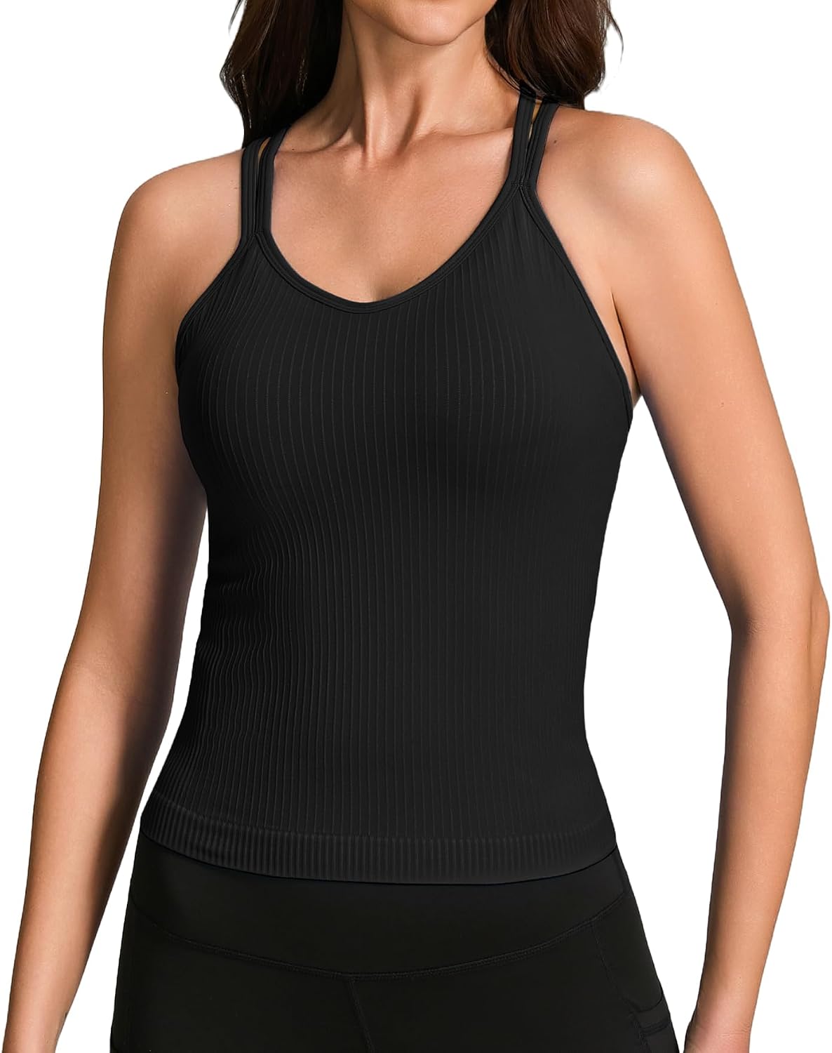 UG Active V Neck Tank Tops with Built in Bra Spaghetti Straps Cross Back Fitted Basic Cami Shirts
