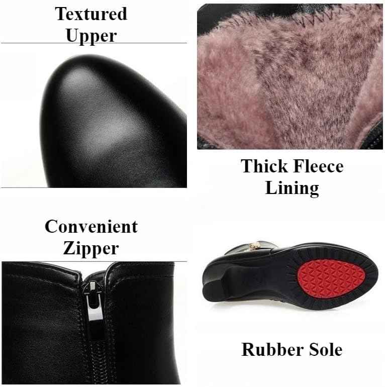 Womens Ankle Boots Chunky Block Heel Rhinestones Buckle Decor Comfort Warm Fur Lined Boots Zip Fashion Round Toe 2 Inch - Image 6