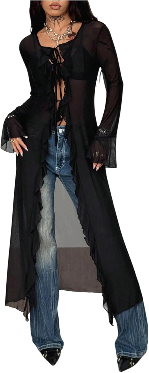 SweatyRocks Women's Sheer Mesh Y2K Tie Front Tops Bell Sleeve See Through Going Out Tops Party Outfits