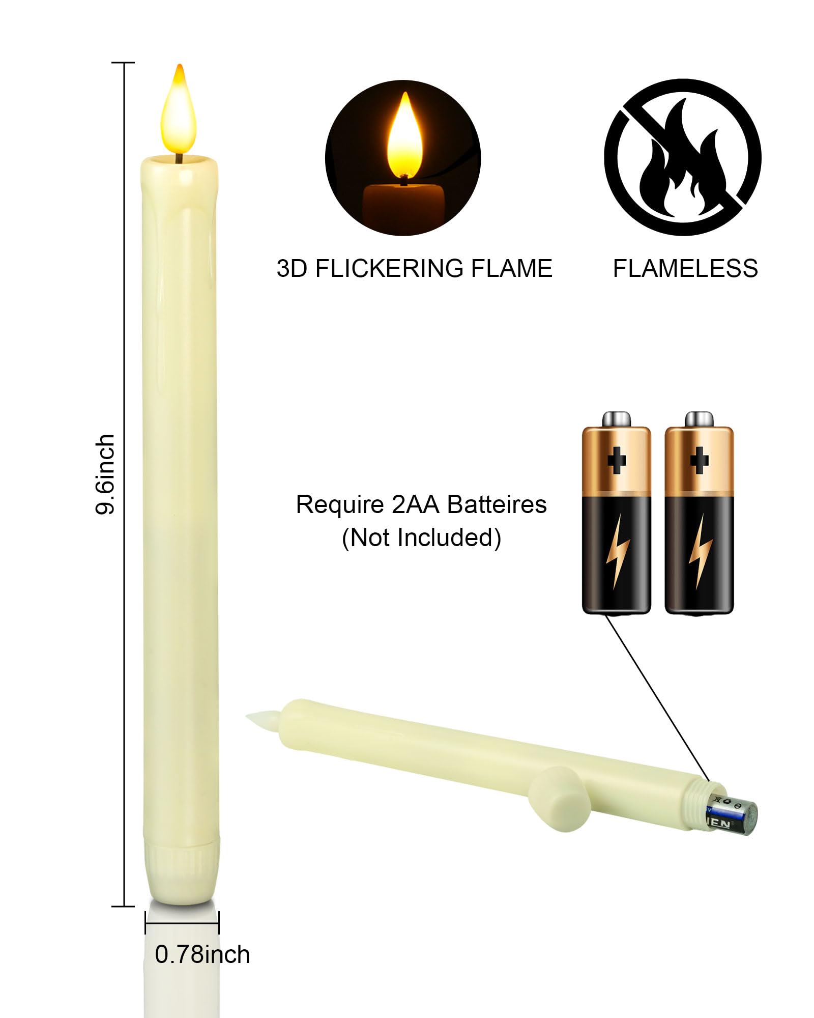 Paquete de 2, 3 y 6 velas cónicas sin llama, sin control remoto, realistas parpadeantes que funcionan con pilas, velas LED de plástico marfil seguras para bodas, decoración de mesa, Navidad y 6