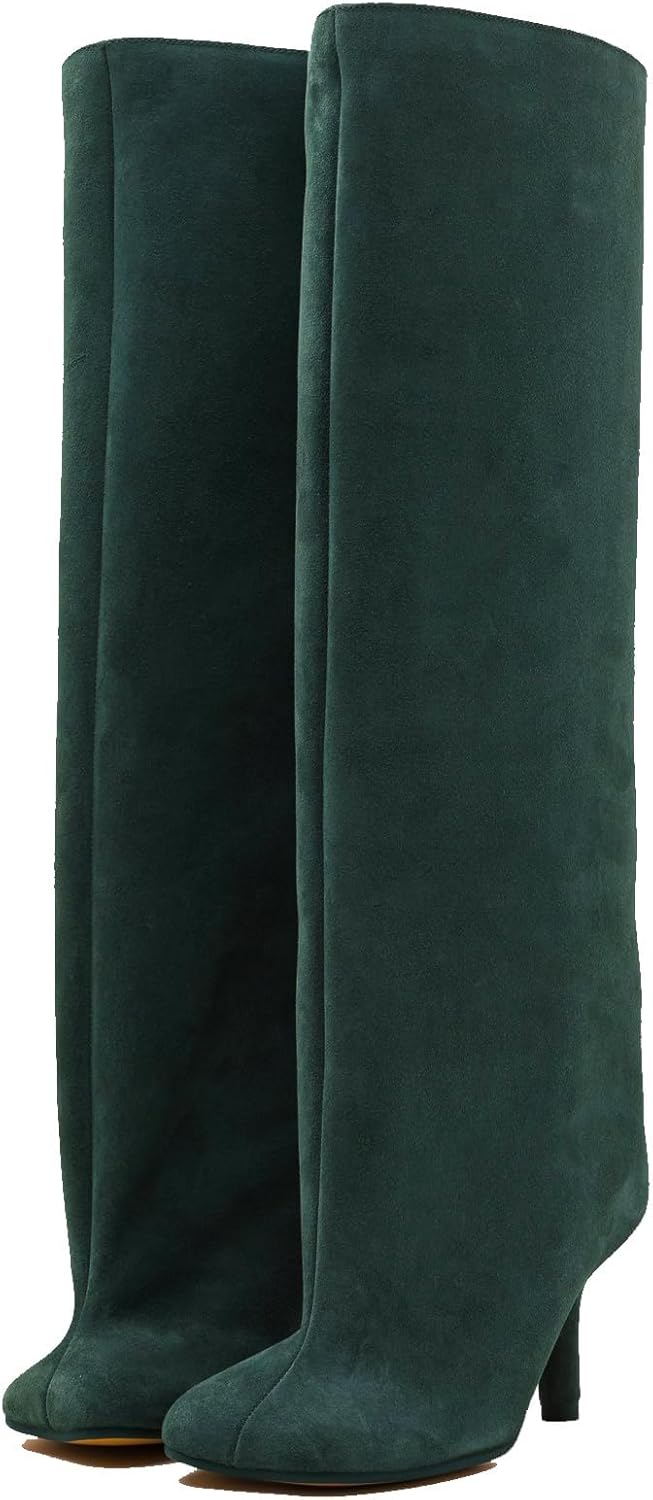 UBWDU Women's Suede Knee High Boots Square Toe Stiletto Heels Wide Calf Tall Boots