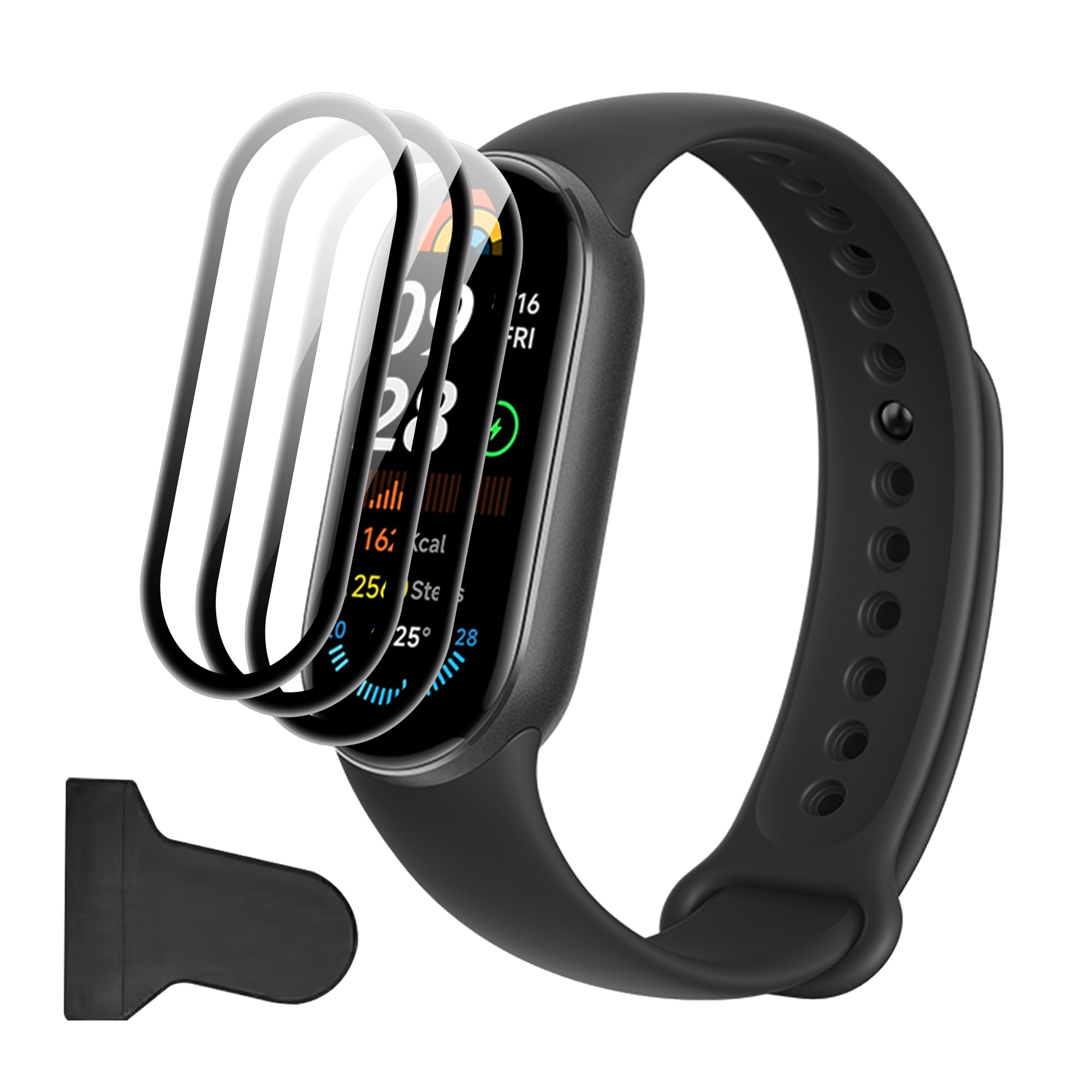 Rojeuinn Pack of 3 Screen Protectors for Xiaomi Smart Band 9, Tempered Glass with Easy Installation Tool, Bubble-Free, Anti-Scratch, Ultra Durader, HD Screen Protector