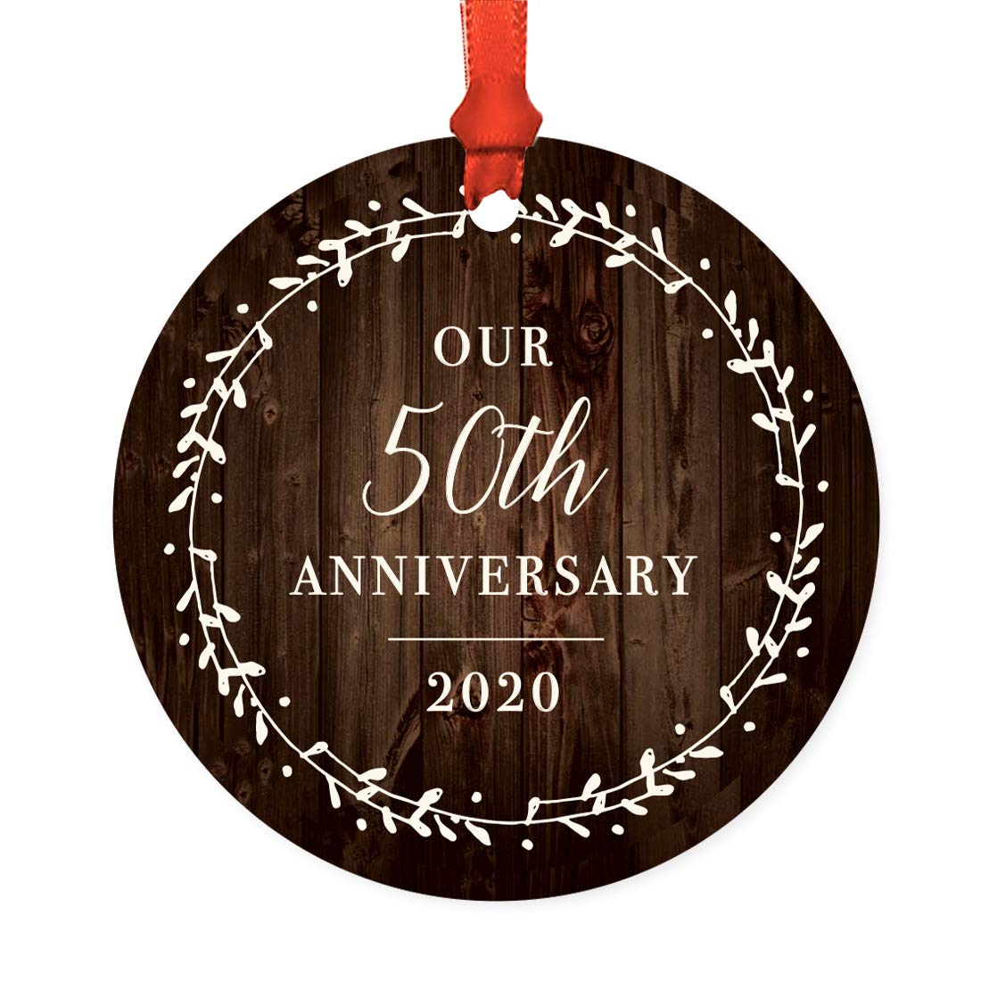 Andaz Press Custom Year Metal Christmas Ornament, Our 50th Anniversary 2026, Rustic Wood Florals, 1-Pack, Includes Ribbon and Gift Bag