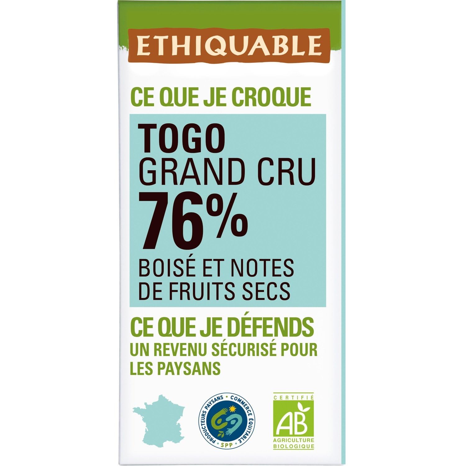 ETHIQUABLE – Chocolat Noir Intense 76% Bio, Saveur Riche et Authentique du Togo (Tablette 100g) - Le lot de 4