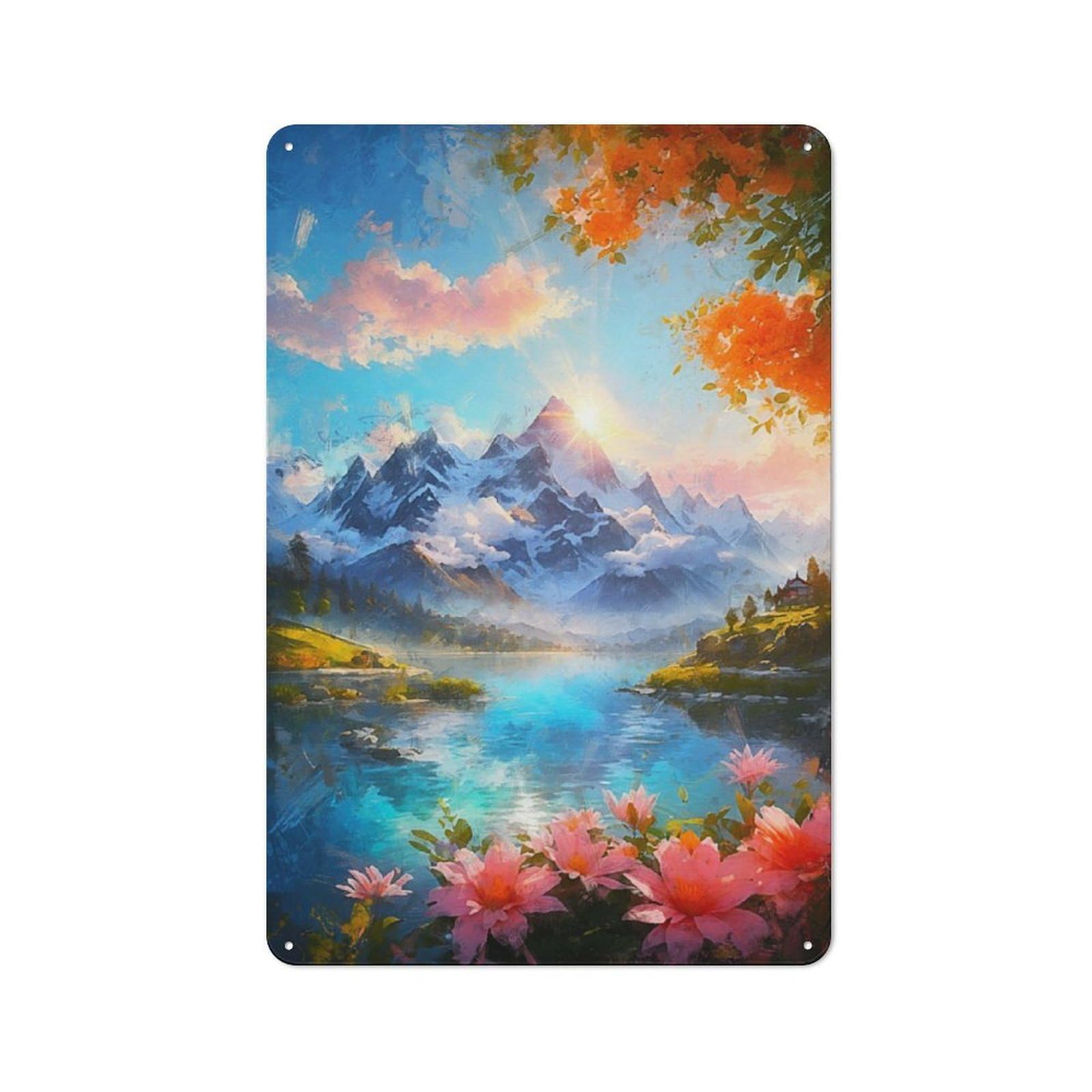Industrial Decorative Metal Plaque 30x20cm Featuring The Lake at Sunset, Urban Room Decor for Flat, Bar, Studio Or Gallery Wall