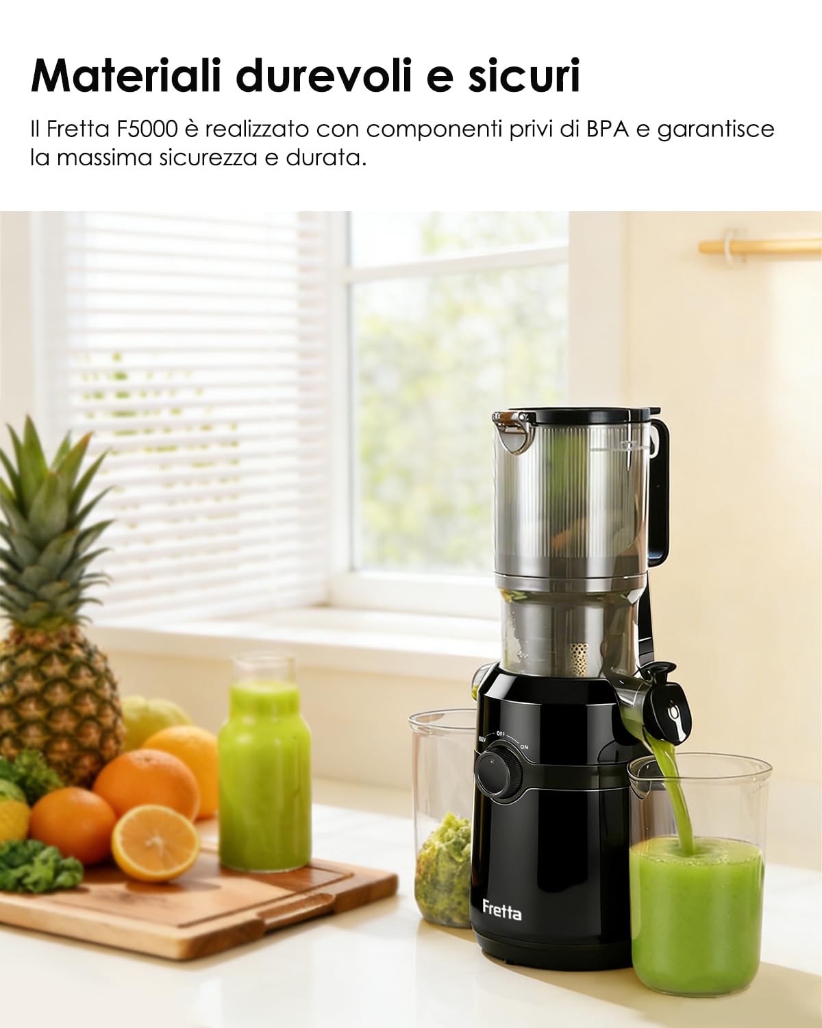 Fretta Estrattore frutta e verdura, apertura 108MM e capacità di 1L estrattore di succo, 200W centrifuga Lenta, 99% nutrienti preservati, senza BPA, facile da smontare e pulire