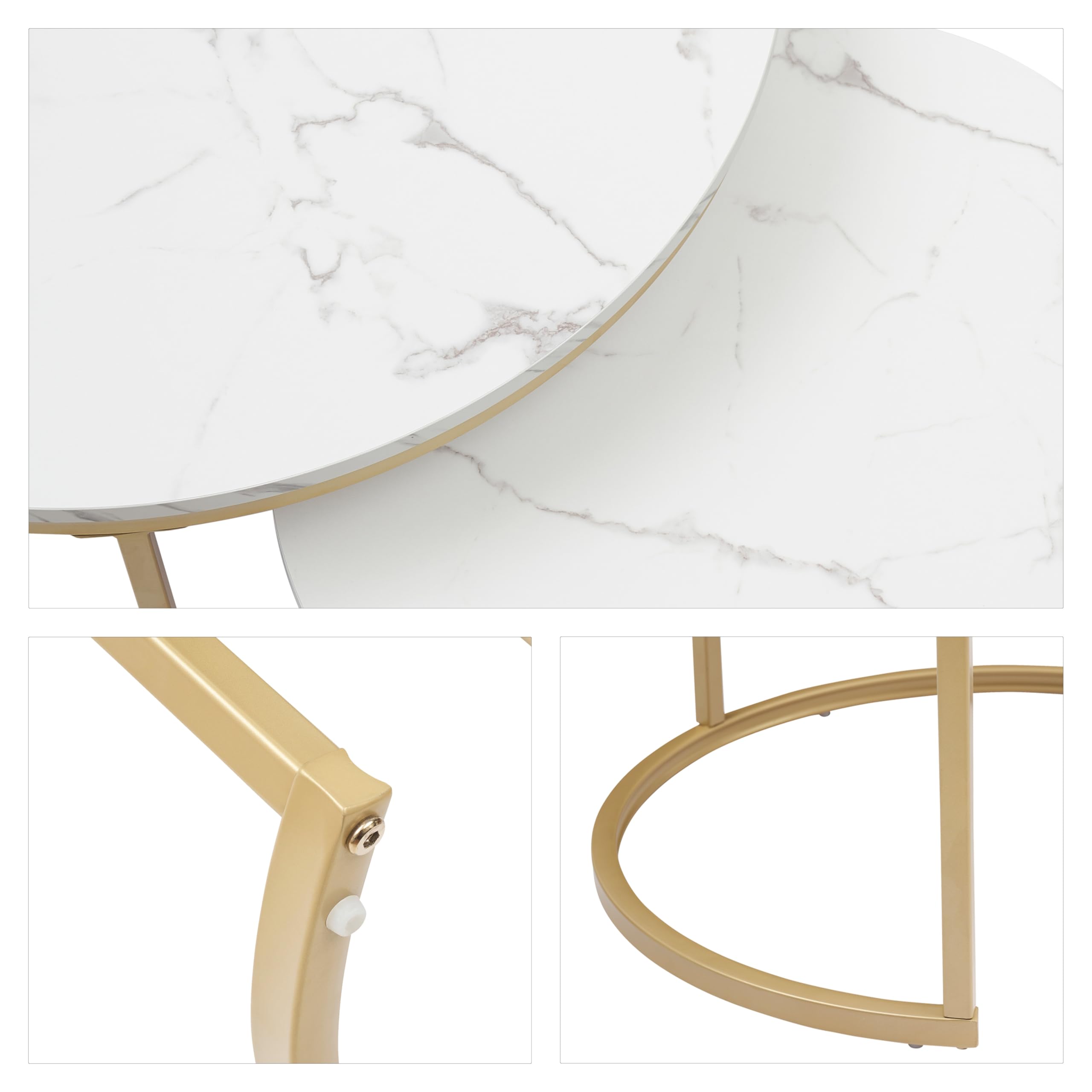 hitsuki Juego de 2 Mesas de Café de Mármol, 80 cm Mesa de Salón Moderna Blanca de Estructura de Metal, Mesas Nido de Salón Redondas Dorado y Blanca, 80D x 80W x 45H cm