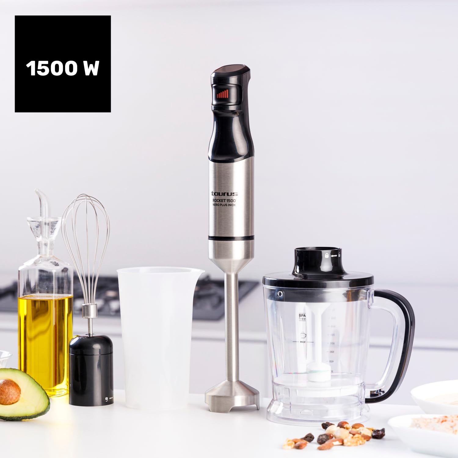 Taurus - Mikser ręczny Rocket Nero Plus ze stali nierdzewnej | 1500 W | Regulator mocy | Ergonomiczna konstrukcja | Podstawa i ostrza ze stali nierdzewnej | odporne na zachlapanie | Kompatybilny z
