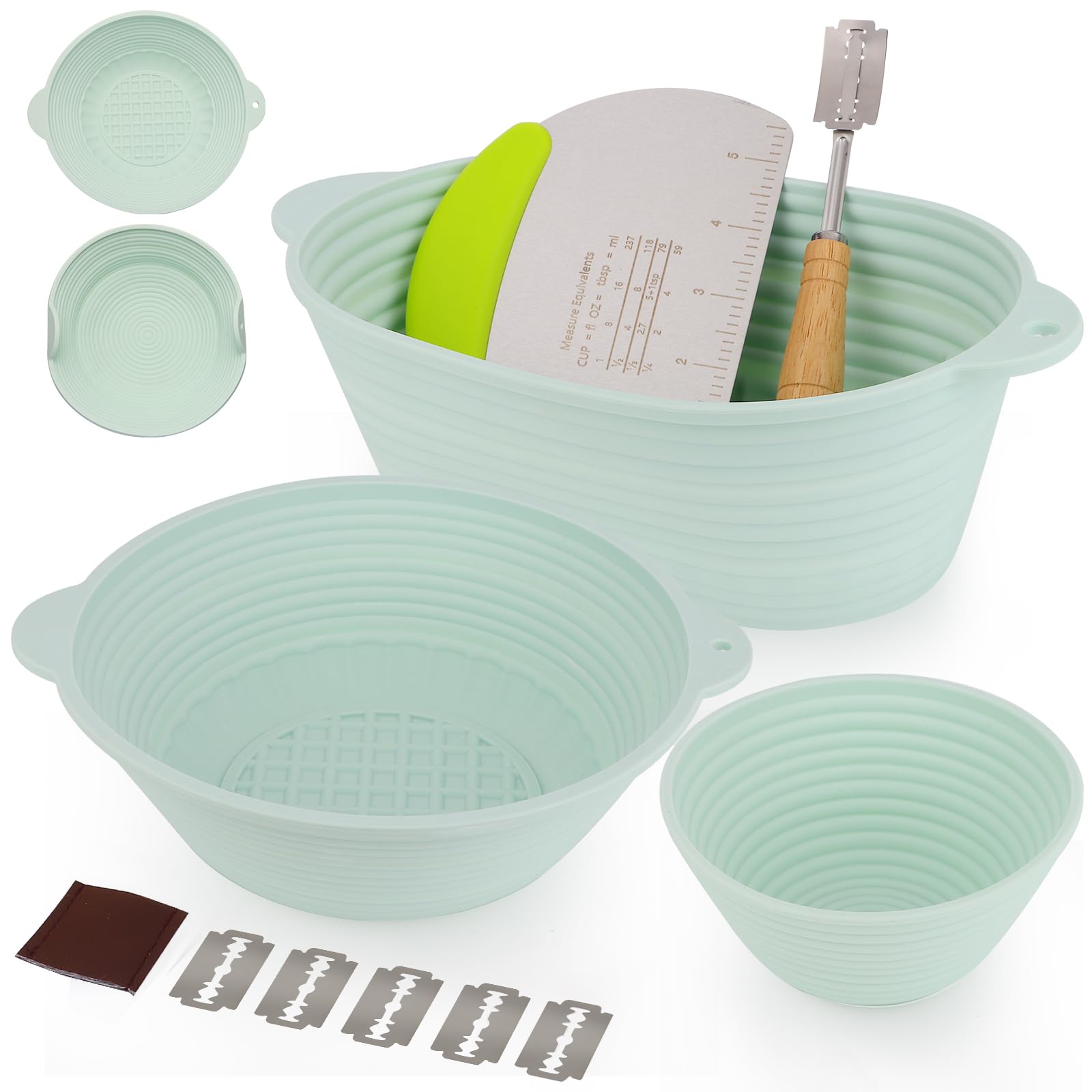 3Pcs Silicone banneton basket(Green),sourdough starter kit,silicone proofing baskets for sourdough bread baking.Folds Storage,Non-stick,Dishwasher Safe