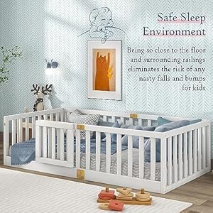 Tatub Twin Montessori Bed with Safety Guardrails and Door, Wood Frame Beds for Kids, Door Can Install Left and Right, White Tatub Twin Montessori Bed with Safety Guardrails and Door Wood Frame Beds for Kids Door Can Install Left and Right White