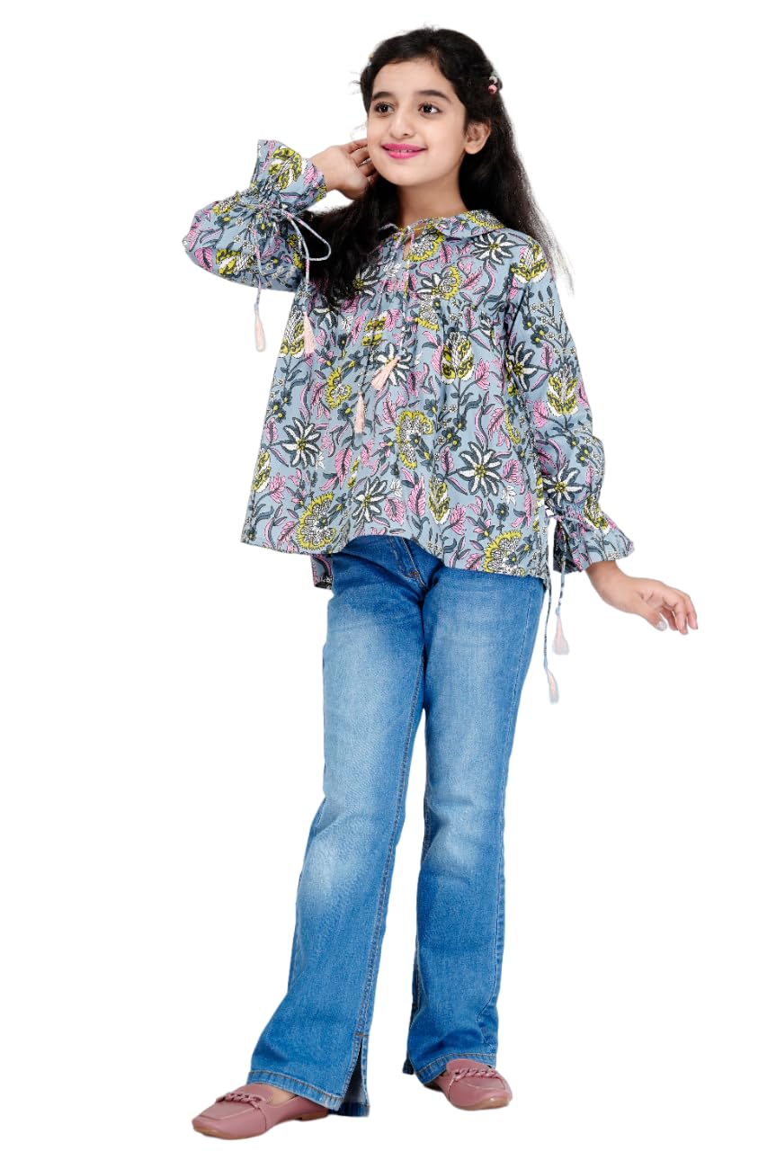 Girl's Cotton Floral Printed Classic Small Boota Collarad Fashion Sleeve Top-image-18