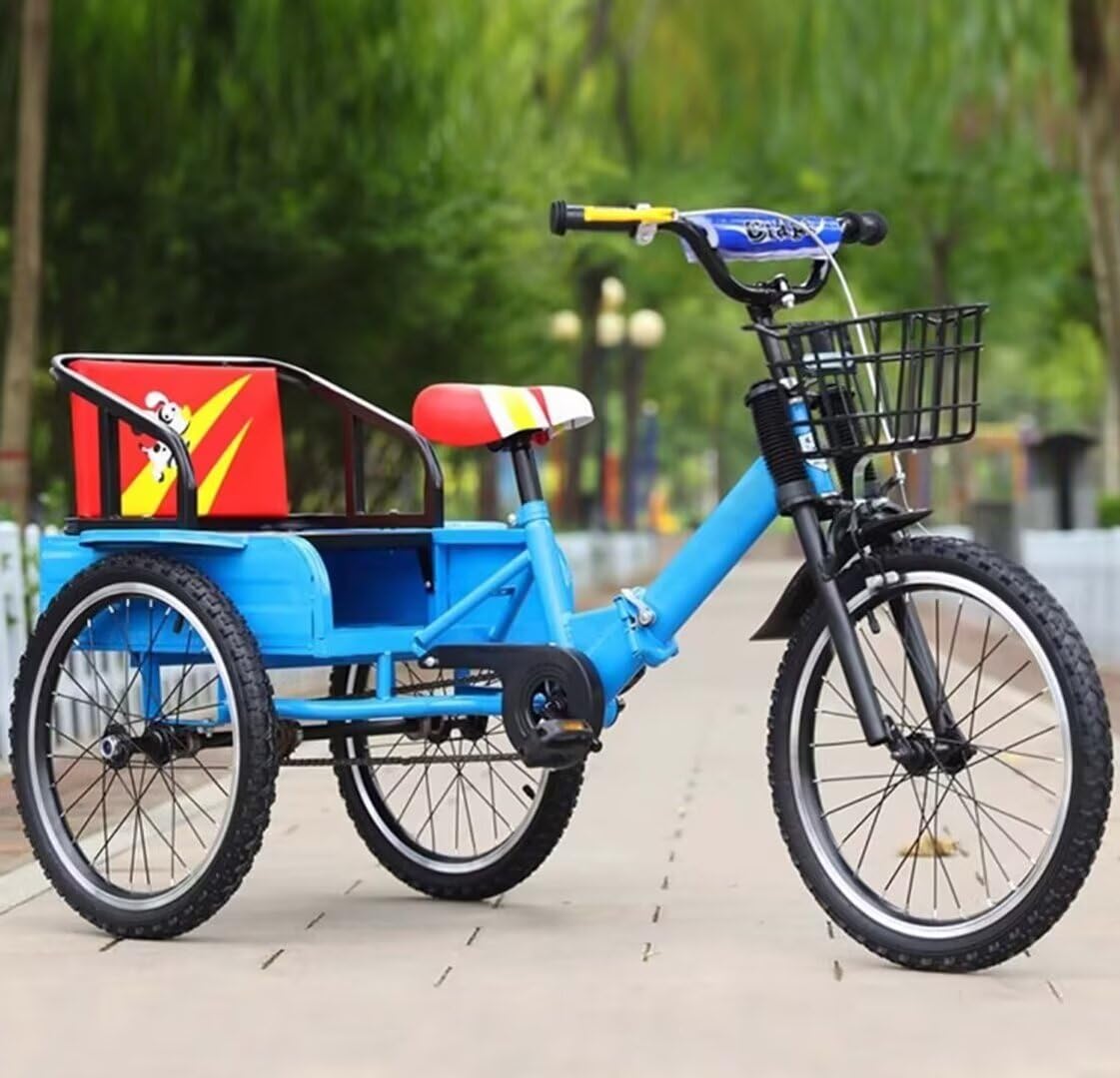 Folding Kids Cruiser Trike,Toddler Pedal Tricycle for Age 3-10,Tandem Tricycle with Foldable Rear seat,Adjustable Cargo Trike with Rear Cabin,Spoke Pneumatic Wheel (Blue18inch)