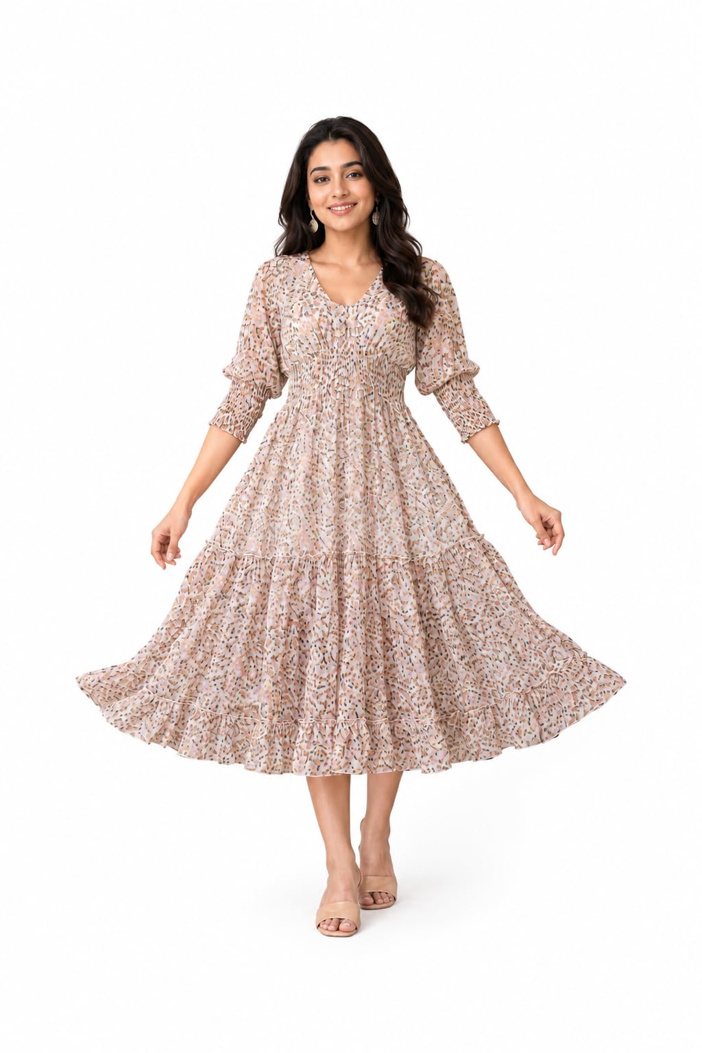 yash gallery Women’s Chiffon Animal Print A-Line Maxi Dress with Smocked Waist & 3/4th Sleeves-picture-29