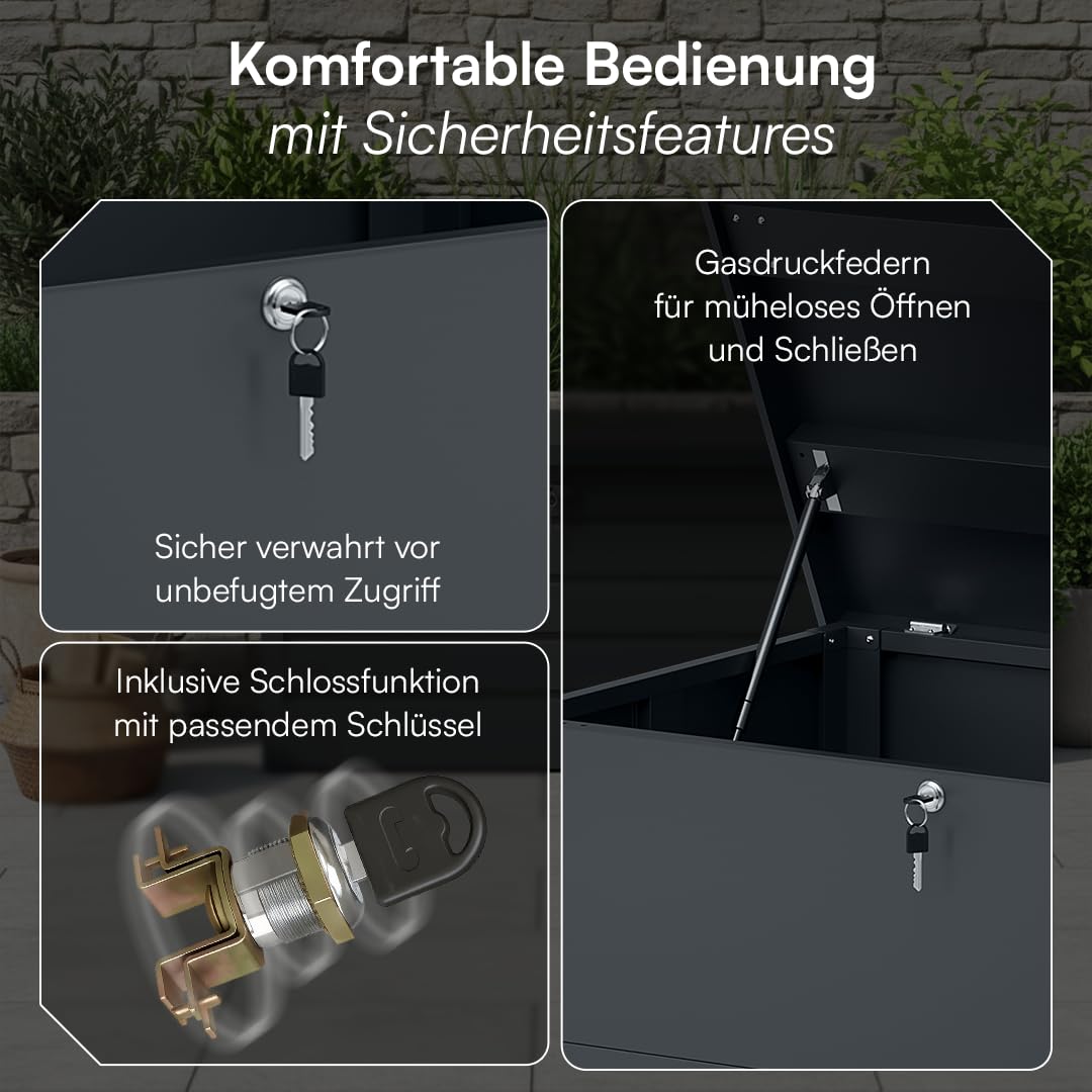 STEELSØN Icarus Gartenbox Metall 560 L – Auflagenbox mit Deckel abschließbar – Gartentruhe wasserdicht – Aufbewahrungsbox in Anthrazit – outdoor Kissenbox 165x70x63 cm – große Truhe für Gartenpolster