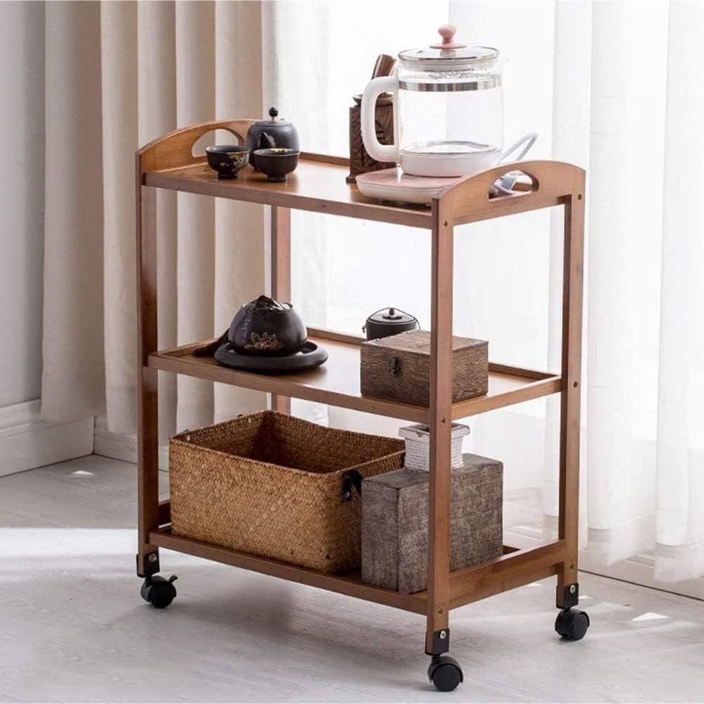 Bamboo Kitchen Trolley,3 And 4 Tier Kitchen Storage Rack Serving Trolley Island Cart with Rotating Wheels. (3 Floor)
