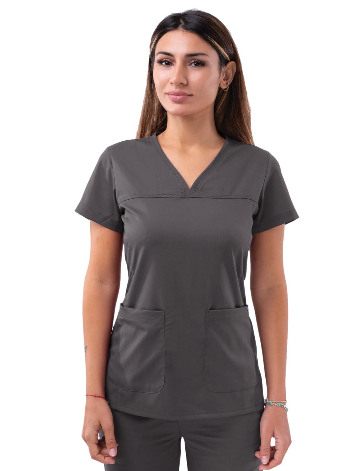 Adar Pro Scrubs for Women - Sweetheart V-Neck Scrub Top - P4210 - Pewter - M