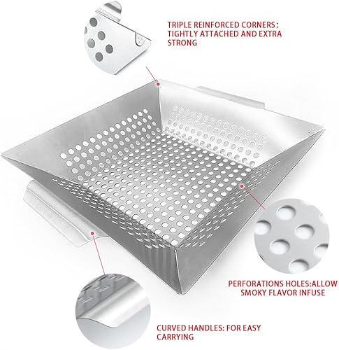 Miniatura 6 de WAAOON Cesta de parrilla para parrilla al aire libre, resistente de acero inoxidable, cuadrada, antiadherente, para verduras, pescado, mariscos y