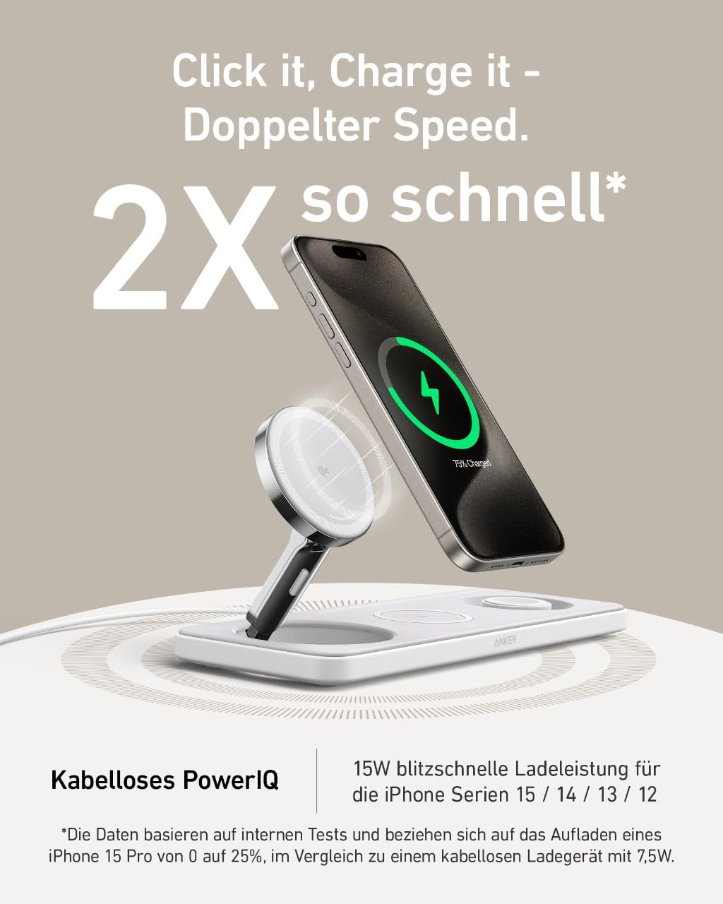 Anker MagGo Faltbare 3-in-1 Kabellose Ladestation, Qi2-zertifiziertes ultraschnelles 15W kabelloses Ladegerät für iPhone 17/16/15/14/13/12, AirPods Pro, Apple Watch Ultra (Mit USB-C Ladegerät + Kabel)