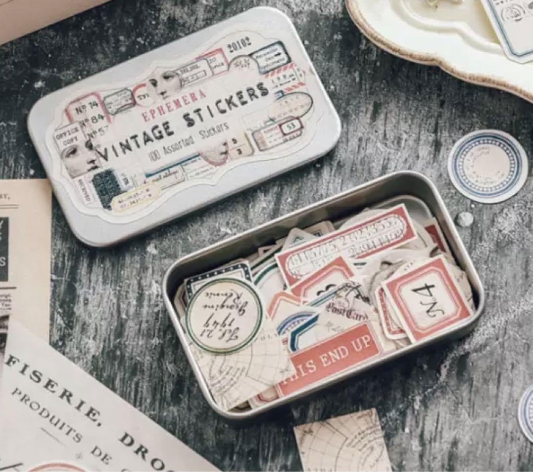 Amazon.co.jp: 海外 缶ケース入りVINTAGE STICKERS 100枚 ステッカー 