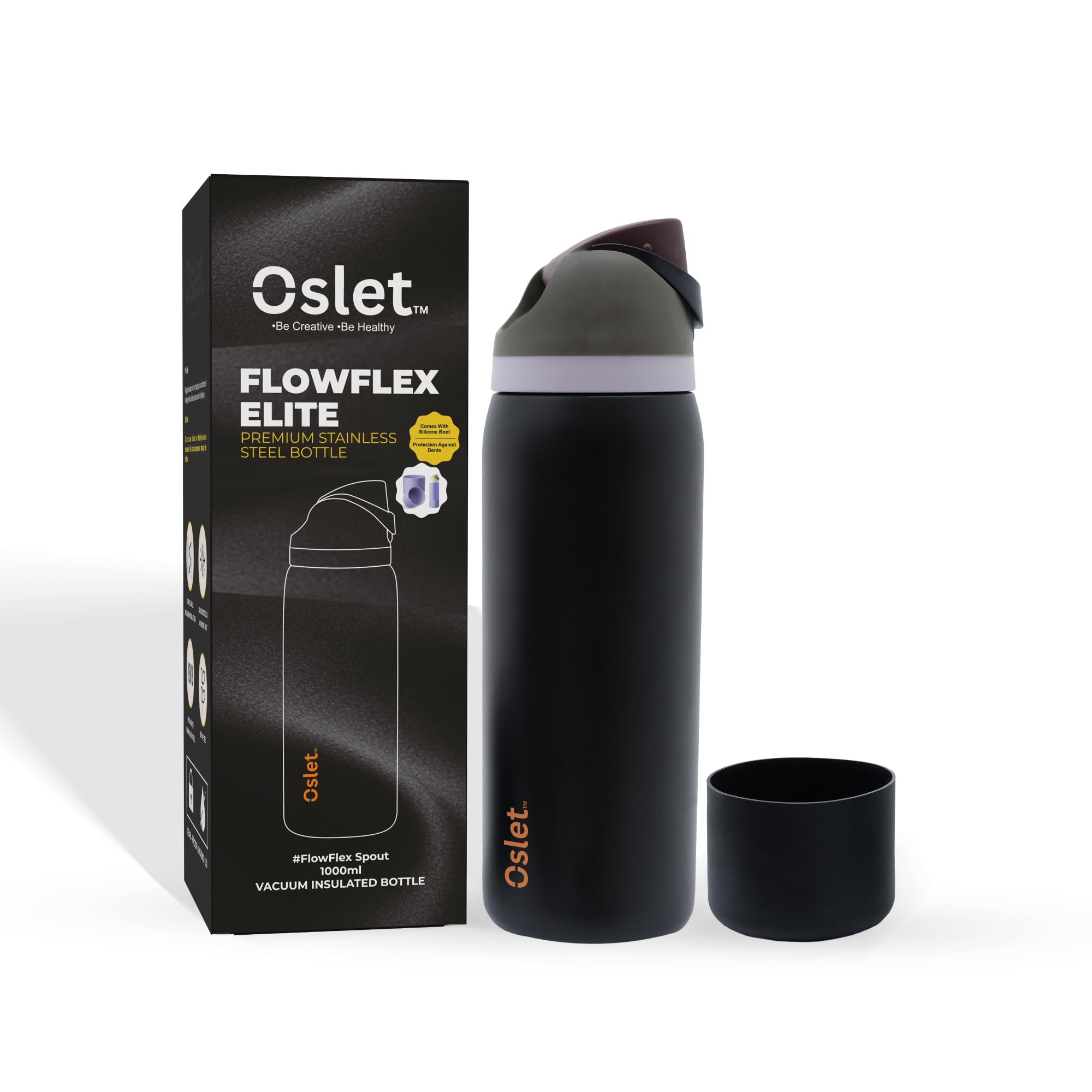 OSLET FlowFlex Elite Premium 18/8 PRO Grade Stainless Steel Hot & Cold Water Bottle with 2-in-1 Sip & Chug Spout, Soft Silicone Lid & Free Anti-DENT Boot, BPA-Free (Luxe Black, 1 ltr)
