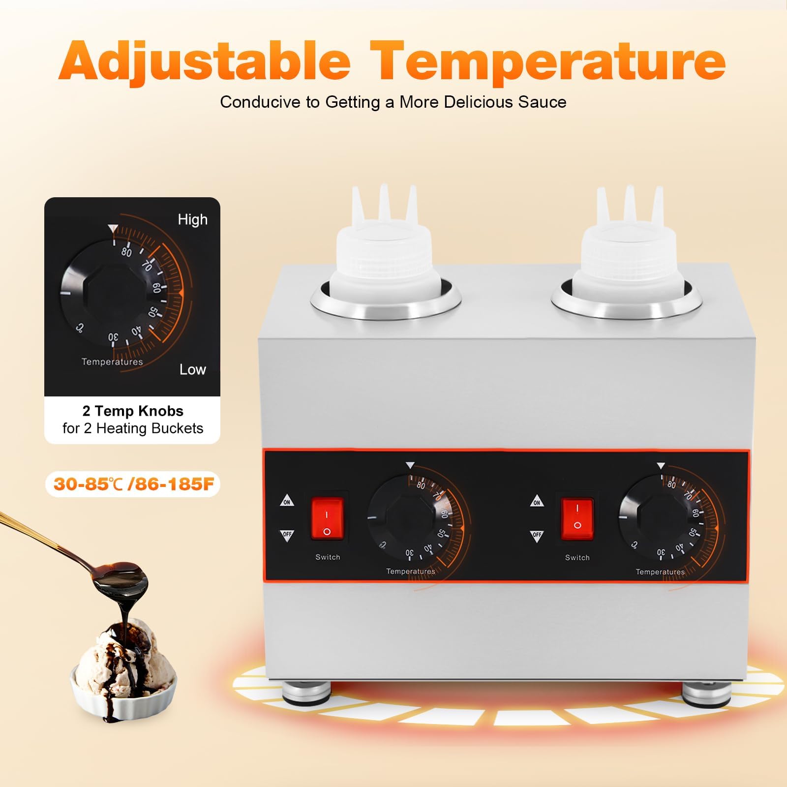 Dispensador eléctrico comercial de salsa, calentador de alimentos de acero inoxidable con temperatura ajustable de 30 a 85 °C, para queso nacho, dulce caliente, caramelo, 4 botellas