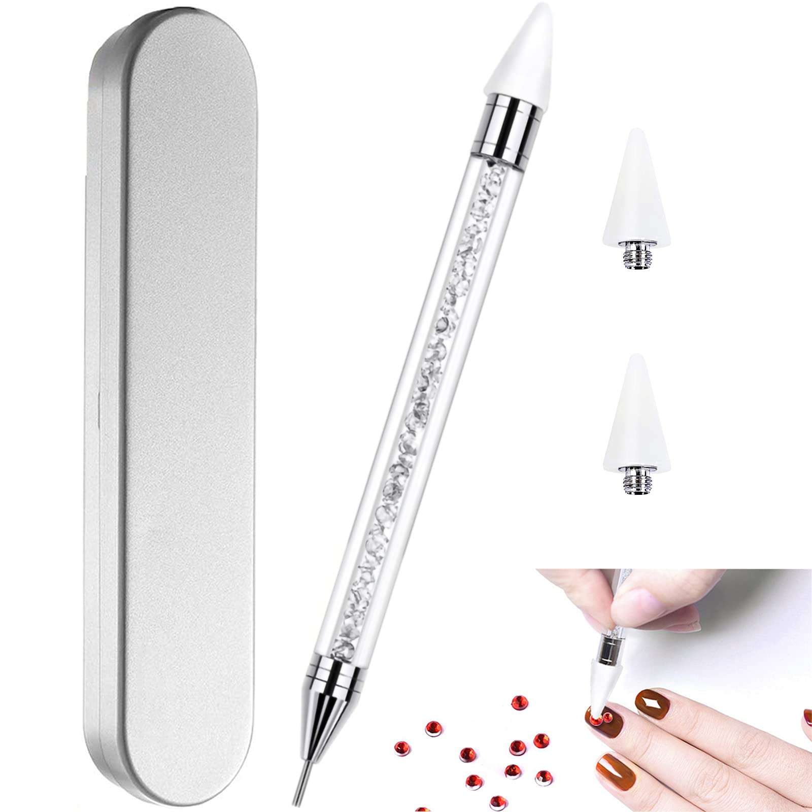 Nail Rhinestone Picker Dotting Tool with Extra 2 Wax Head Dual-ended DIY Nail Art Tool With Pink Acrylic