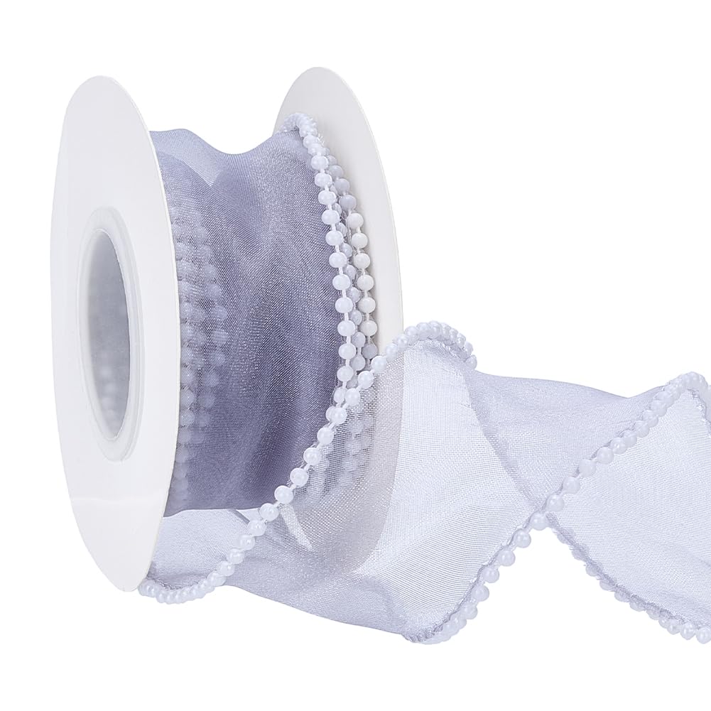 FINGERINSPIRE 4.5M Gray Sheer Wired Ribbon with Pearl Edges 40mm Pearl Edged Sheer Wire Ribbons Wired Ribbon for Bow Tie Making Wreaths Bouquet Gift Wrapping Wedding Bridal Shower Decor