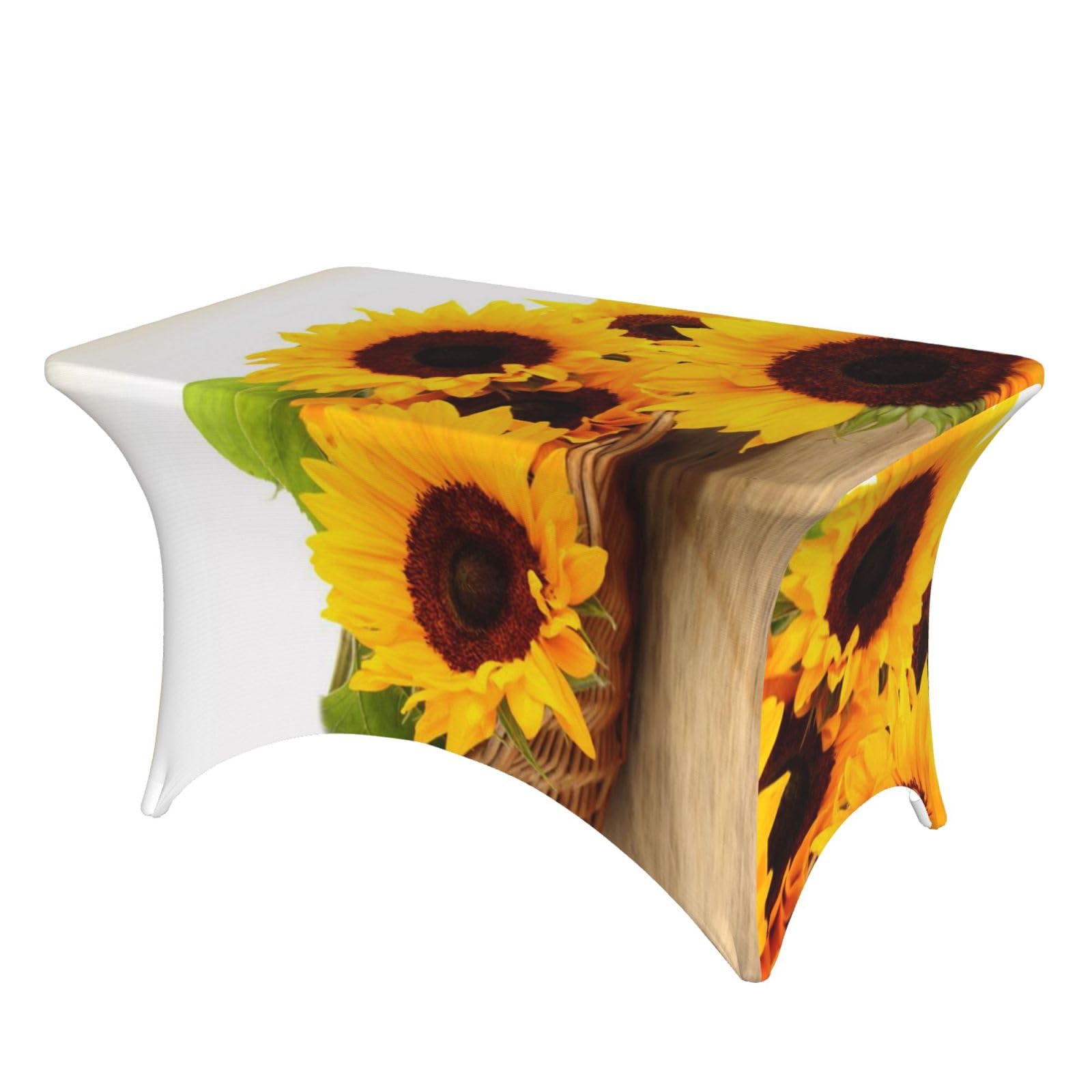 Dcehgew Sunflower Floral 4Ft Spandex Rectangular Table Cloth, Printed Fitted Elastic Tablecloths Washable Table Cover For Event, Wedding, Banquet & Party