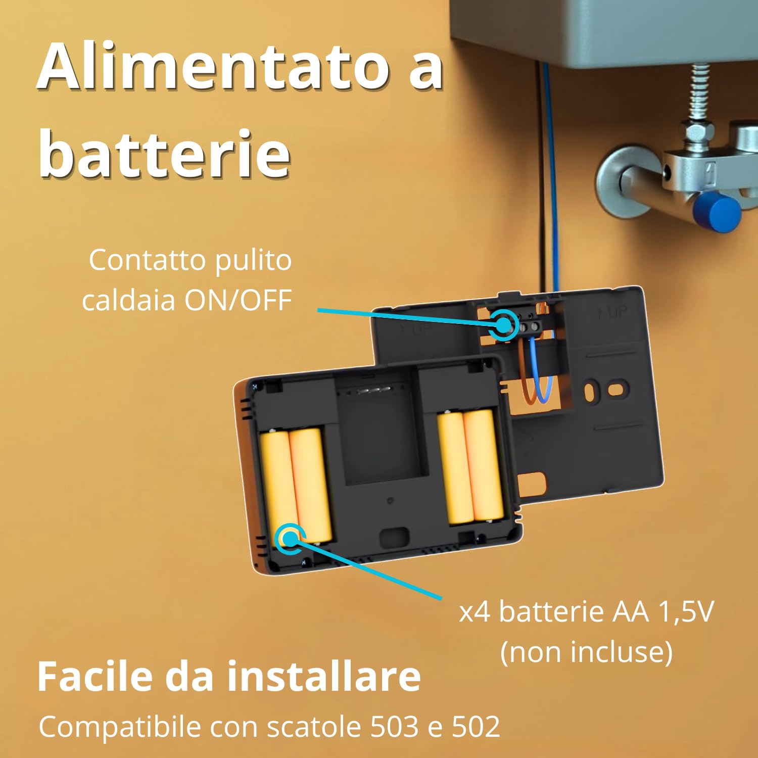 domyno Termostato WiFi a batterie per caldaia, controllo smartphone app alexa google cronotermostato intelligente da parete scatola 503, 502 programmazione settimanale e manuale (bianco)