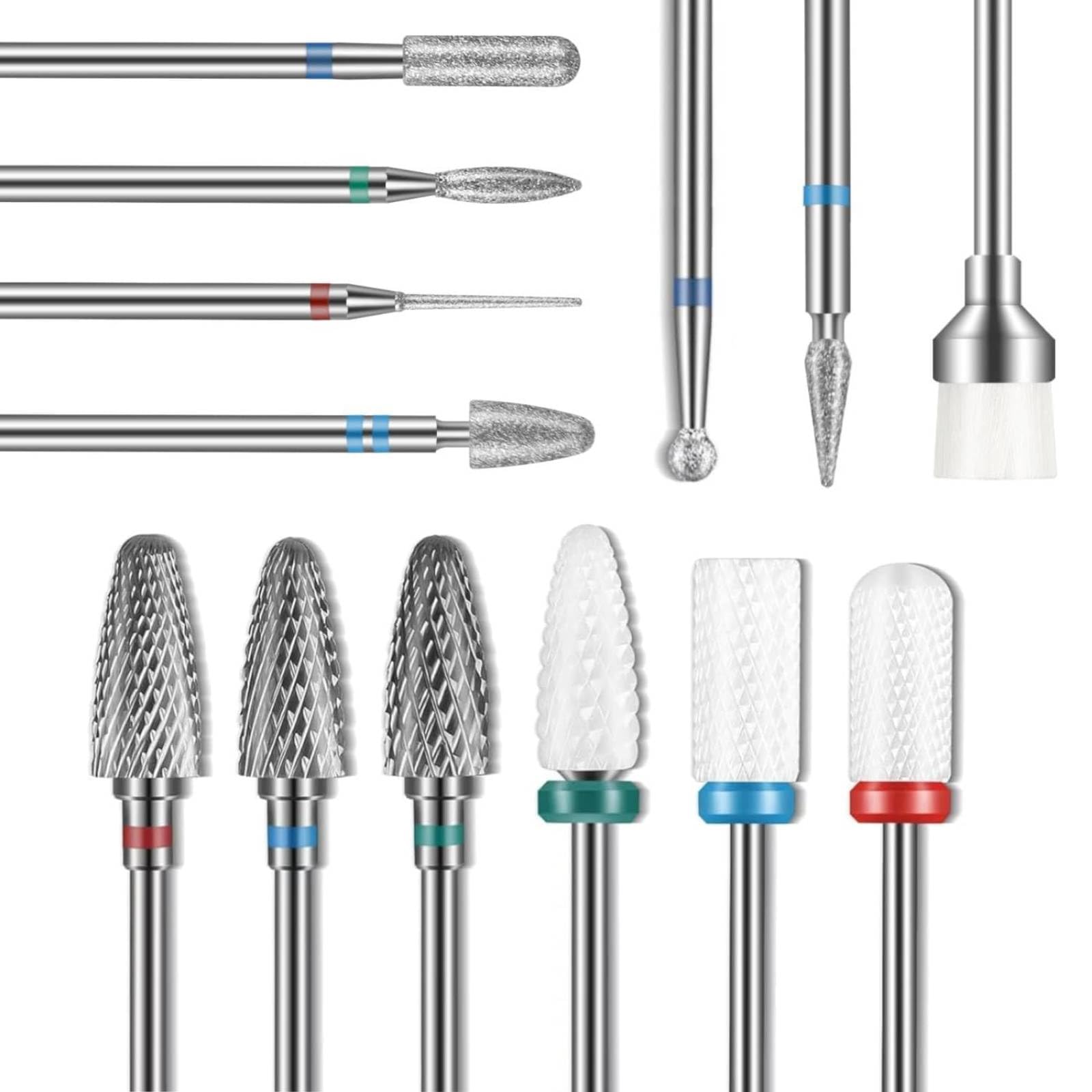 Depvko 13PCS Nail Drill Bits Set, Professional Efile Drill Bits, 3pcs Tungsten Carbide+ 3pcs Ceramic + 6pcs Cuticle Remove Bits+ 1pcs Brush, 3/32'' Art Tool Kit Safety Bits for Nail Drill for Manicure