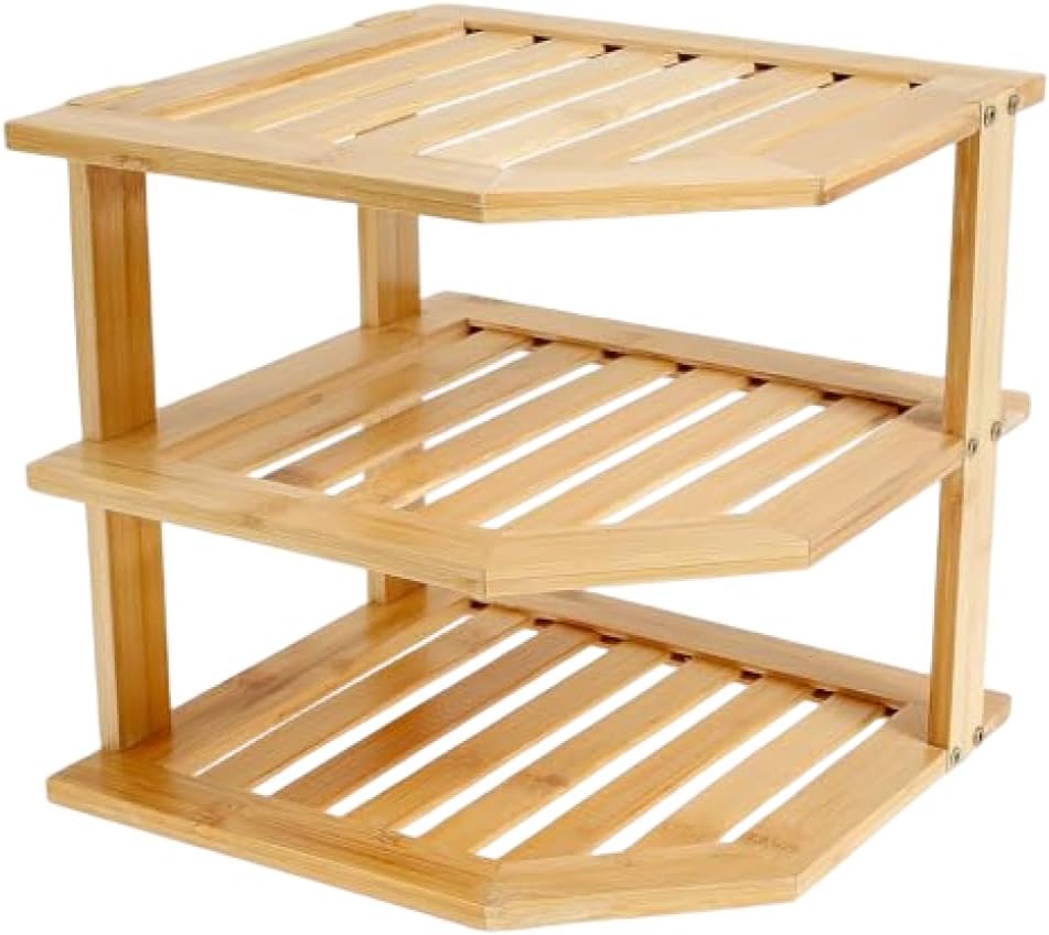 3 Tier Bamboo Corner Shelf, Space Saving Cabinet Organizer for Plates and Bowls, Bamboo Kitchen Shelf for Countertop and Cabinet Storage..