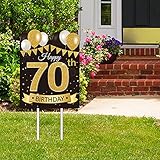 Large Happy 70th Birthday Party Yard Sign Black Gold 70 Birthday Yard Signs with Stakes and Outdoor Lawn Decorations
