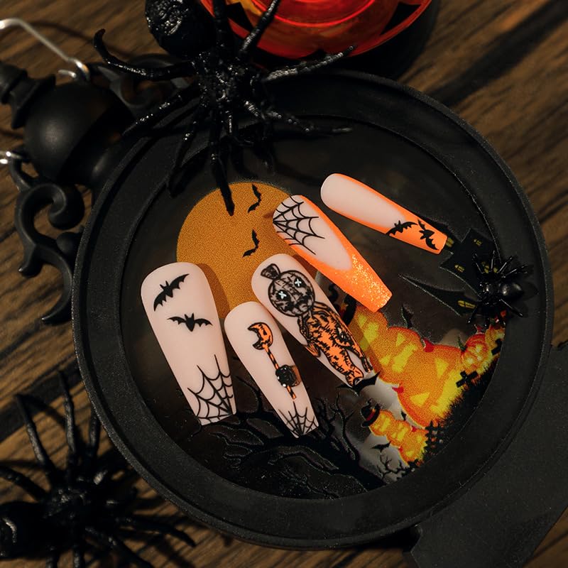 Miniatura 3 de Uñas postizas a presión con punta francesa naranja para Halloween, uñas postizas largas con diseños de murciélago araña negra, uñas acrílicas