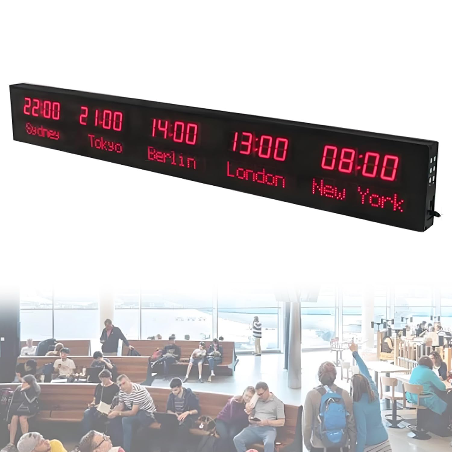 Zegar ścienny LED na świecie, 5 miejskich stref czasowych, duży zegar cyfrowy, możliwość zmiany miasta, 3-stopniowa regulacja jasności, aluminiowa obudowa, na lotniska, hotel, biuro
