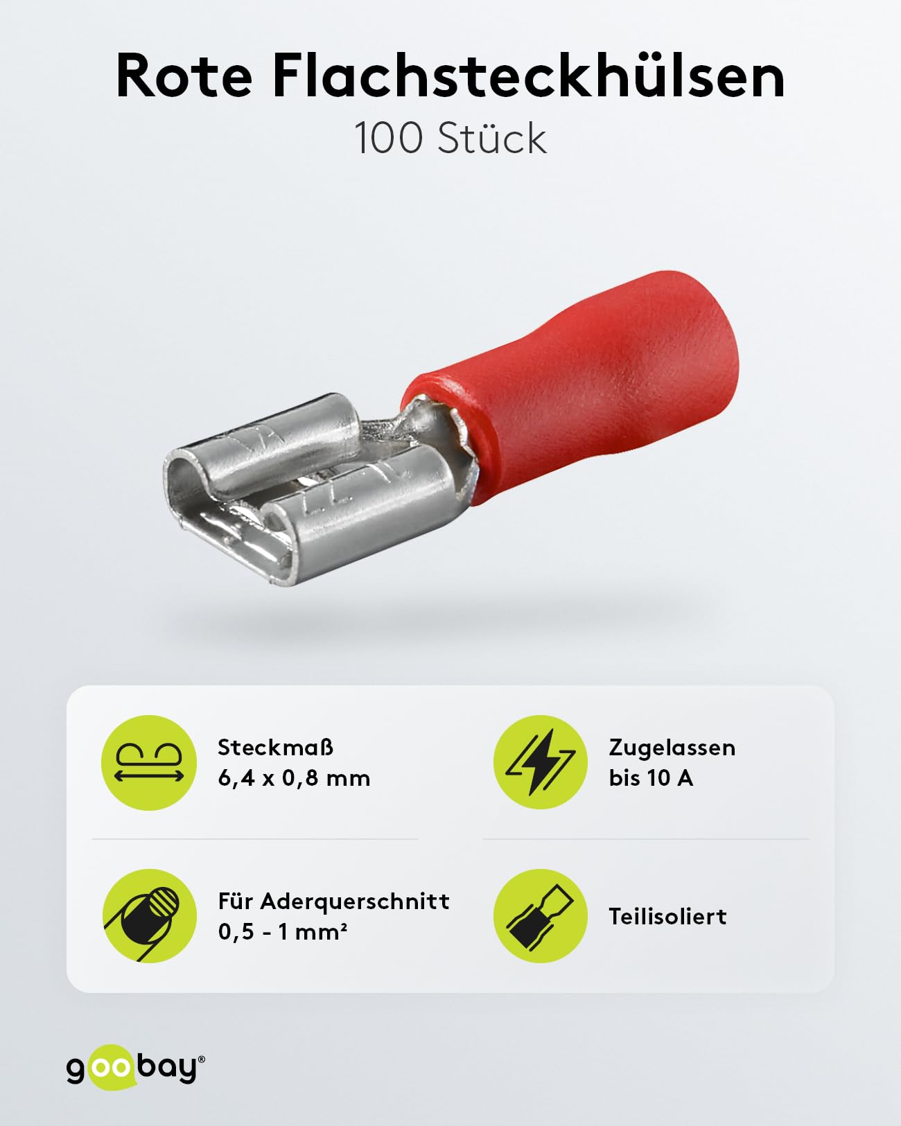 Goobay 17002 płaskie tuleje wtykowe, zestaw 100 sztuk, wymiary wtyku 6,4 x 0,8 mm, złącze wtykowe do 10 A, częściowo izolowane wtyki płaskie, złącze kablowe do maks. 1 mm², końcówka kablowa czerwona
