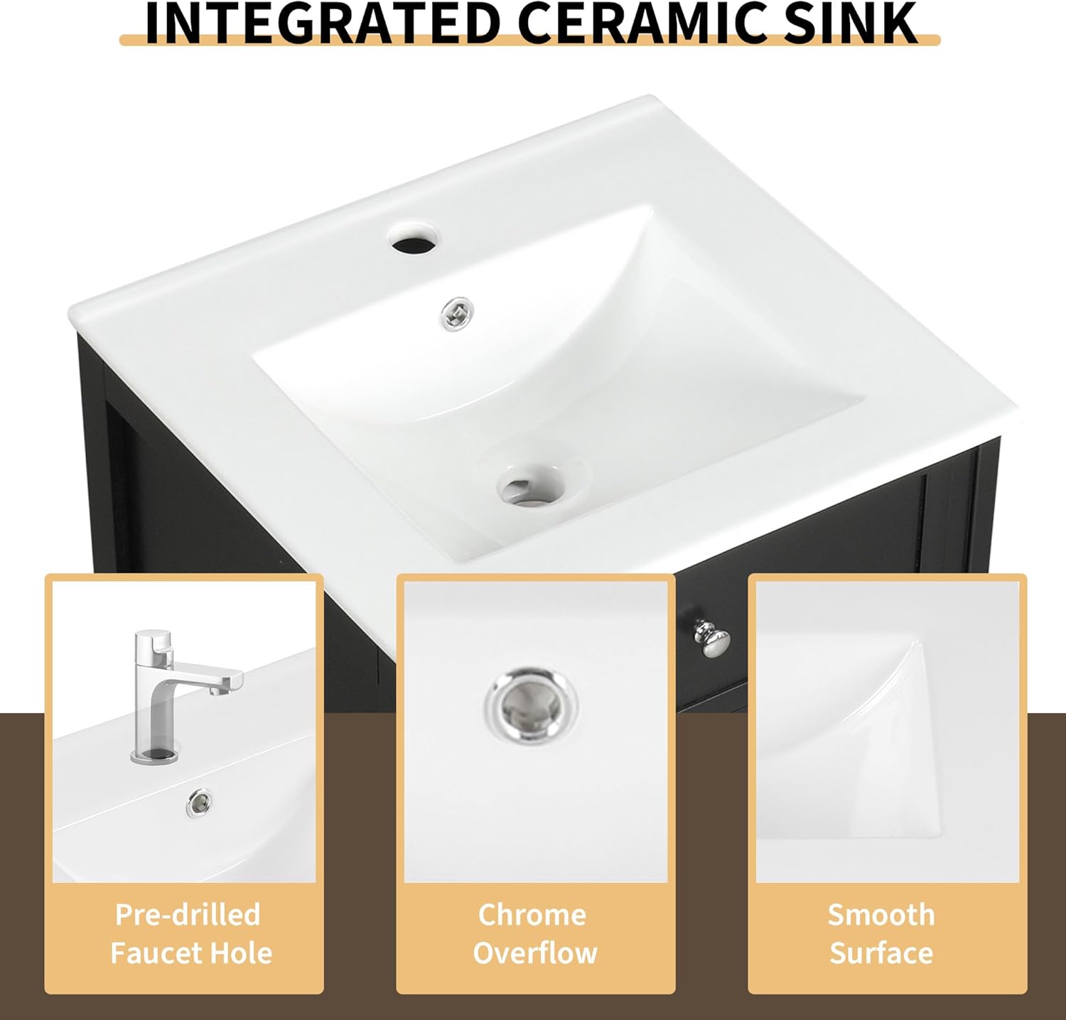 Close-up of the integrated ceramic sink with pre-drilled faucet hole and overflow