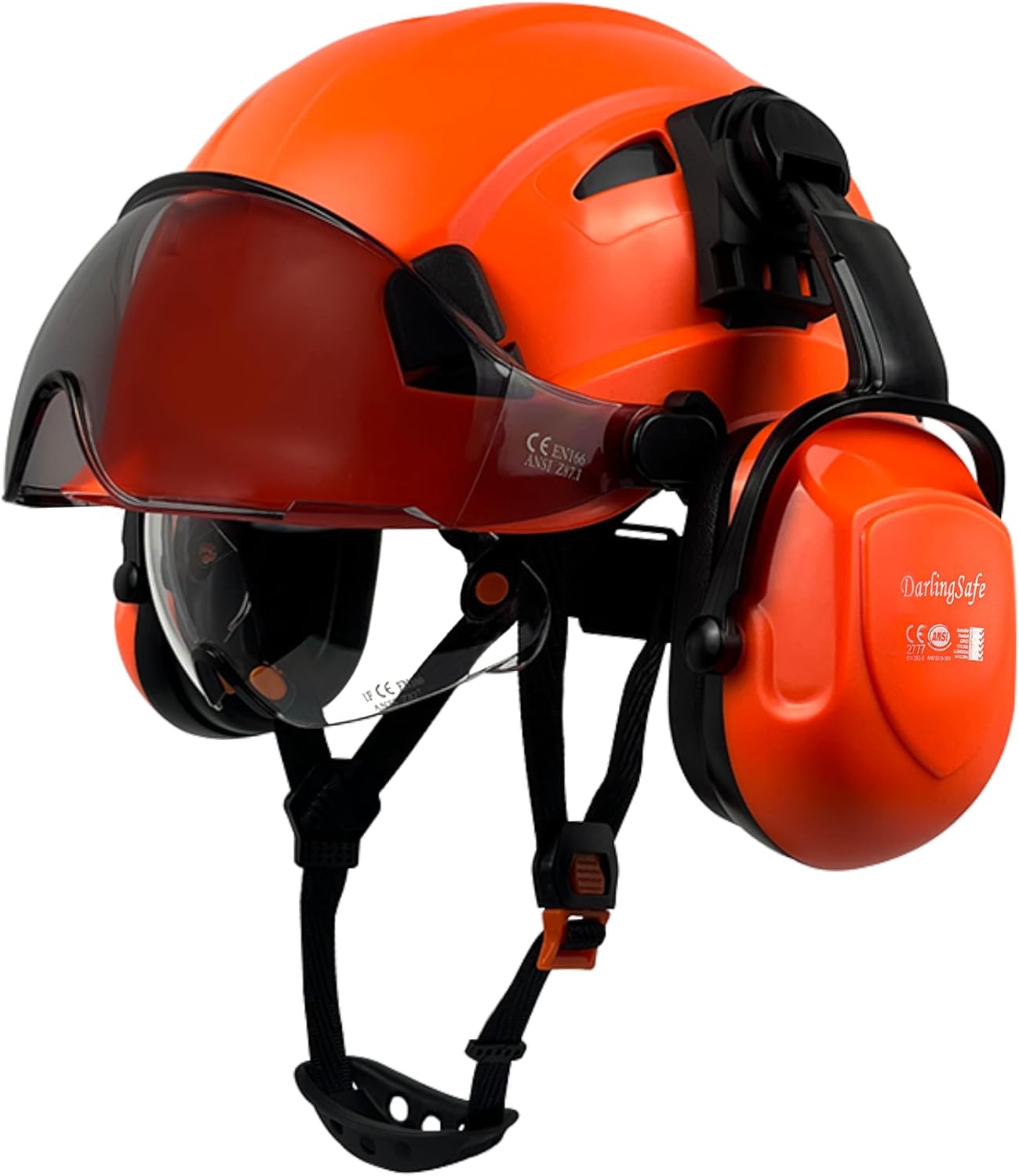 Safety Helmet with Visor Ear Muffs Hard Hats Visor Workplace Head Protection ANSI Z89.1 Certificated Construction Outdoor Work Hardhats DS-A8-Orange+Clear/Tinted Visor+ O07 Ear Muffs