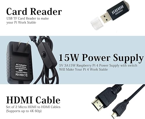 Vista 11 de DIGISHUO Raspberry Pi 4B Modelo B 4GB RAM Kit de bricolaje con estuche Ventilador de refrigeración Pi Tarjeta SD San Disk 64G Micro-SD Cable