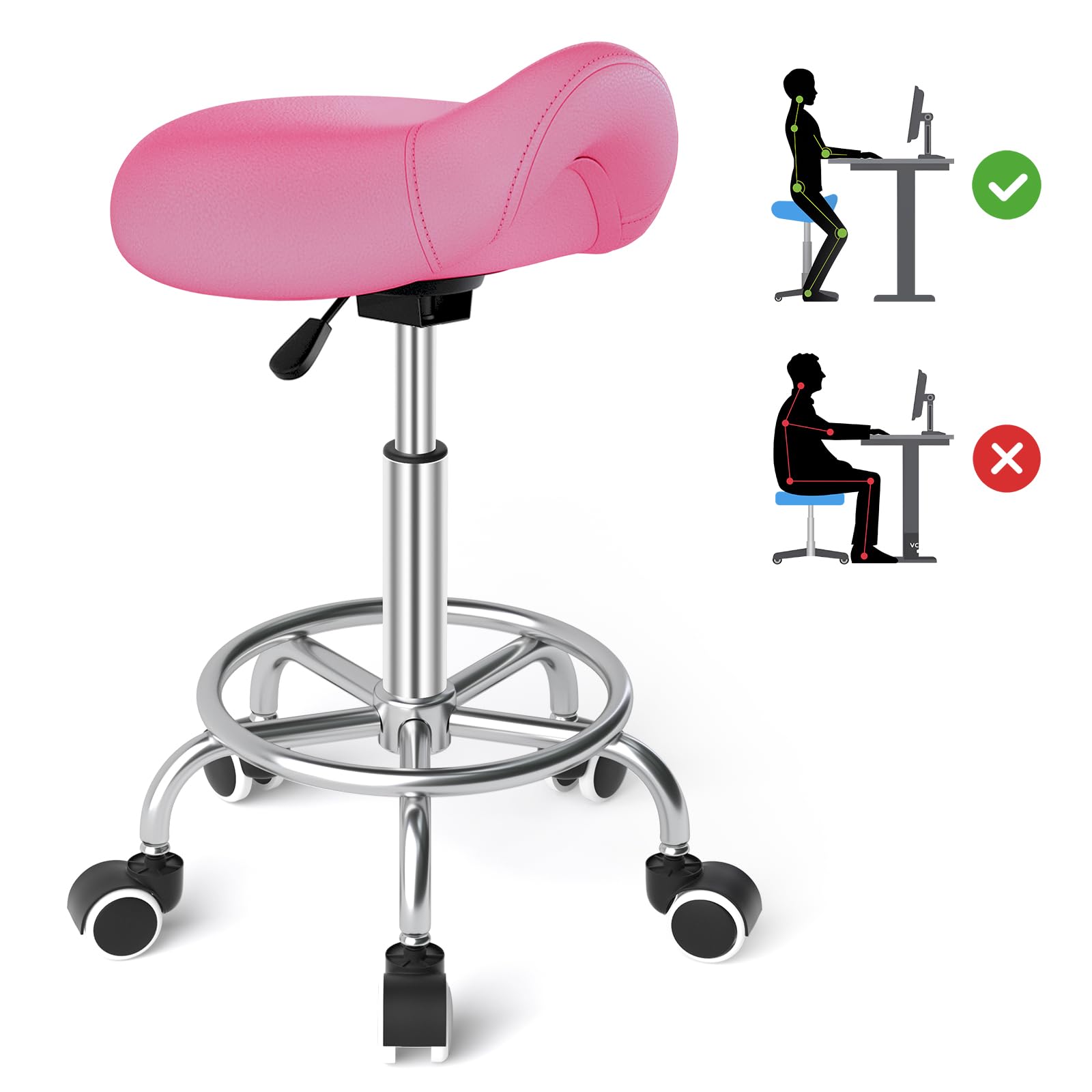 YEEZEE Saddle Stool Ergonomic- Comfortable Rolling Saddle Stool with Wide Thick Saddle Seat Padding, Swivel Adjustable Saddle Chair with Wheels and Ring Pedal for Medical Massage Salon (Pink)